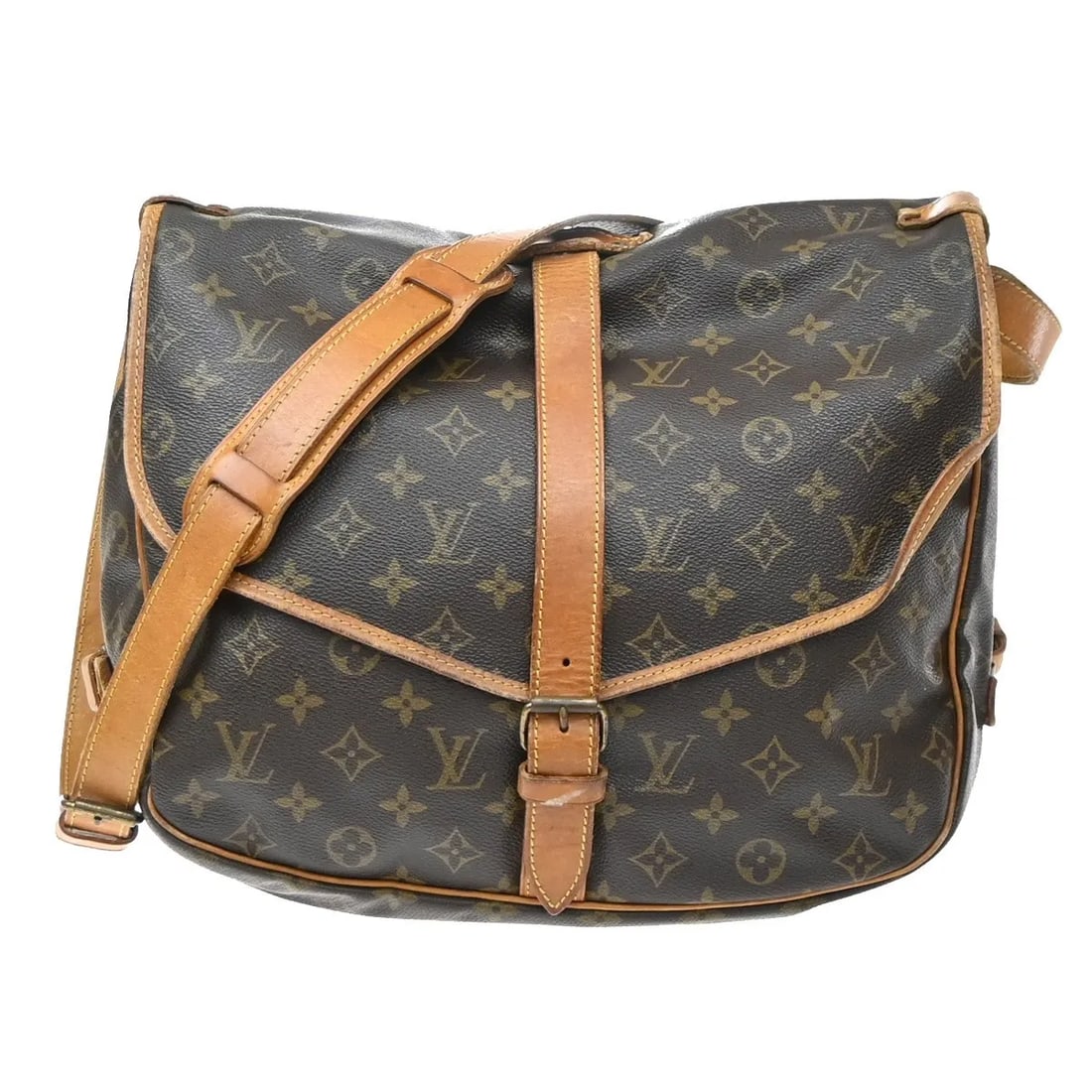 Louis Vuitton Saumur Brown Canvas Shoulder Bag: Louis Vuitton Saumur Brown Canvas Shoulder Bag Louis Vuitton Saumur Monogram Canvas shoulder bag for women, made from brown canvas and produced in France. The bag is in fair condition, with a cracked 
