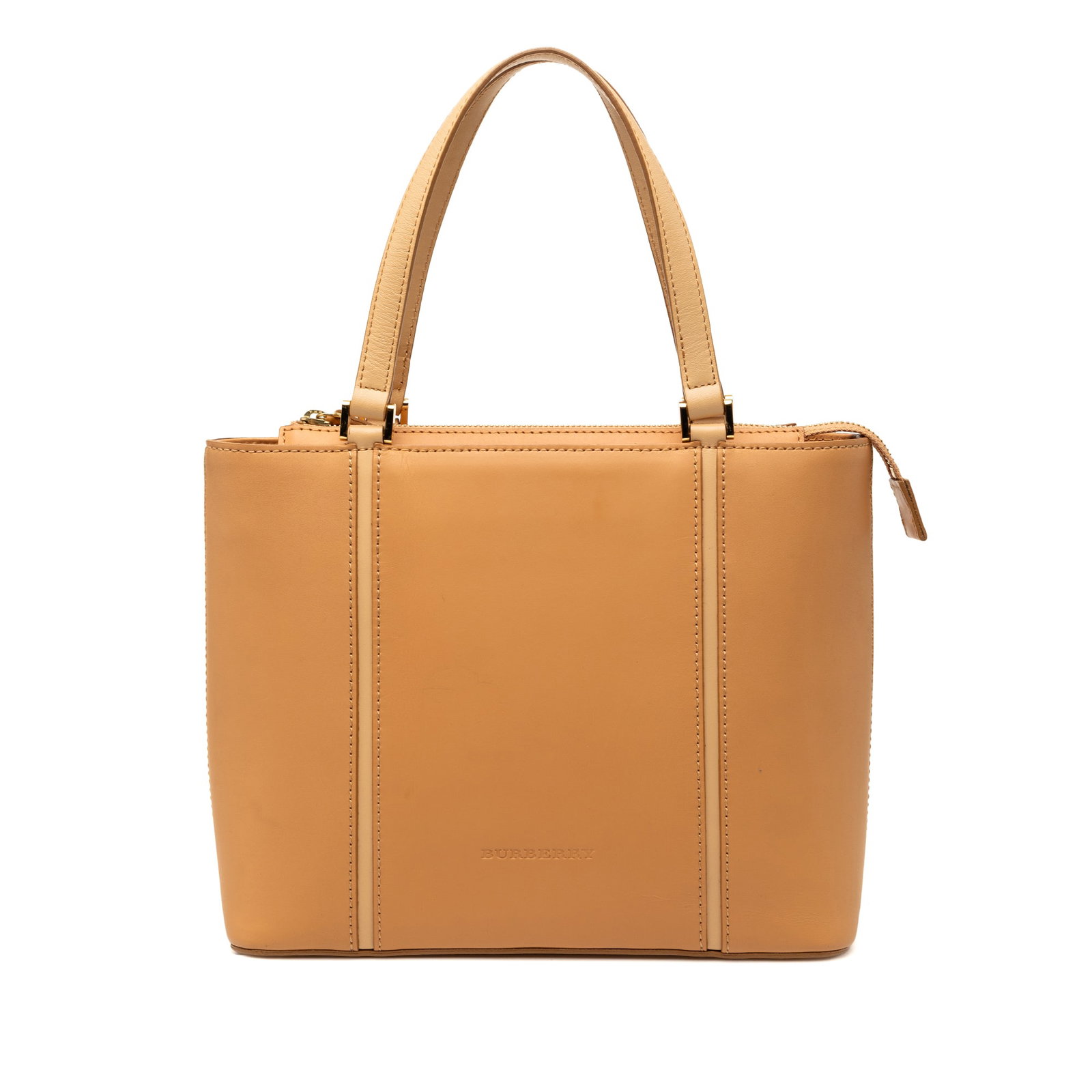 Burberry brown leather zip tote bag: Burberry brown leather zip tote bag This Burberry tote bag features a brown leather body with flat leather handles and a top zip closure. The interior includes both zip and slip pockets for organized 
