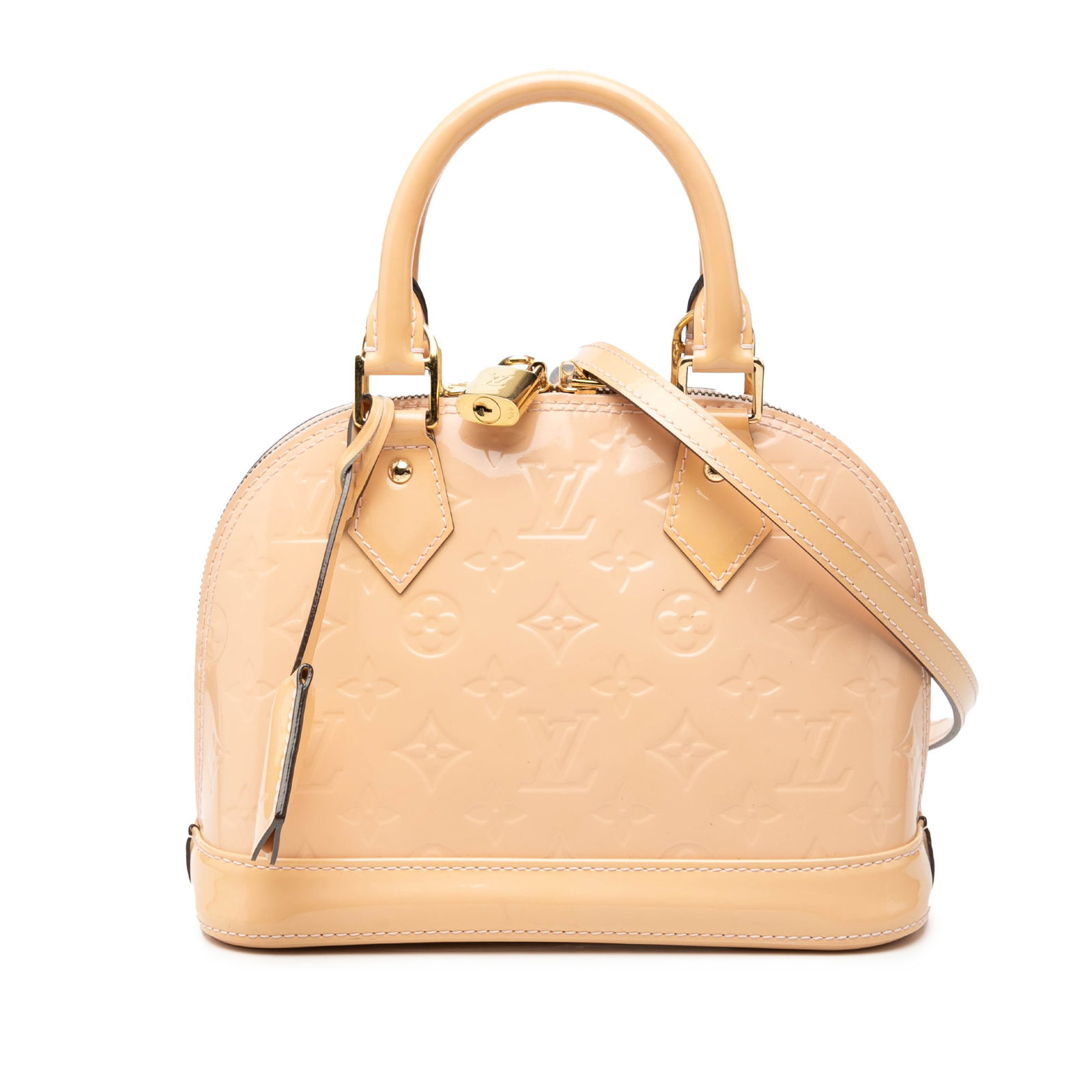 Louis Vuitton Alma BB Pink Vernis Leather Crossbody Bag with Strap: Louis Vuitton Alma BB Pink Vernis Leather Crossbody Bag with Strap This Louis Vuitton Monogram Vernis Alma BB features a pink monogram vernis leather body, rolled leather handles, and a detachable fla