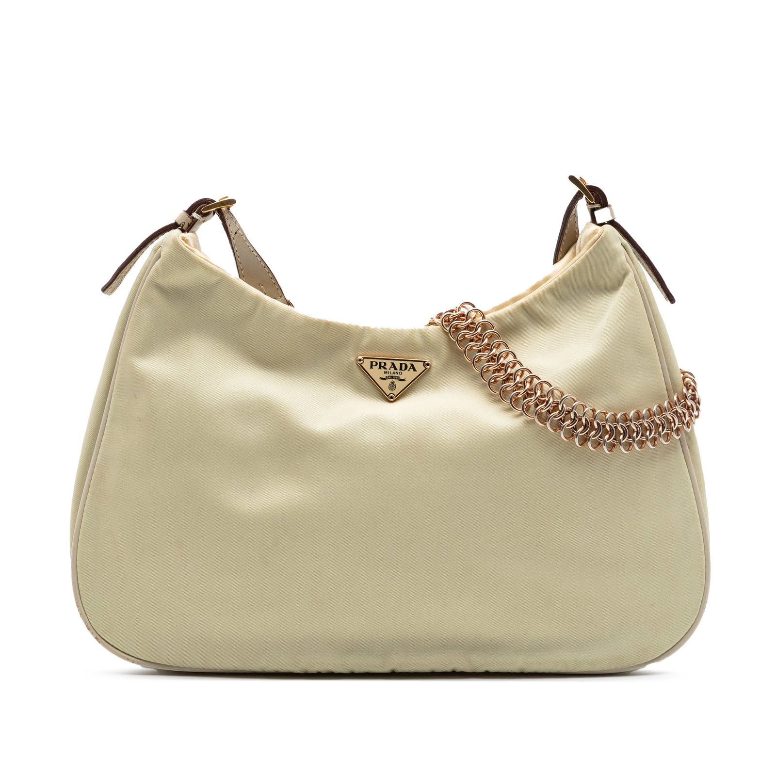 Prada Tessuto Shoulder Bag Brown Nylon Chain Strap: Prada Tessuto Shoulder Bag Brown Nylon Chain Strap Prada Tessuto Chain Shoulder Bag from Italy, crafted with a nylon body and fabric material. It features a chain link strap, an open top with magnetic
