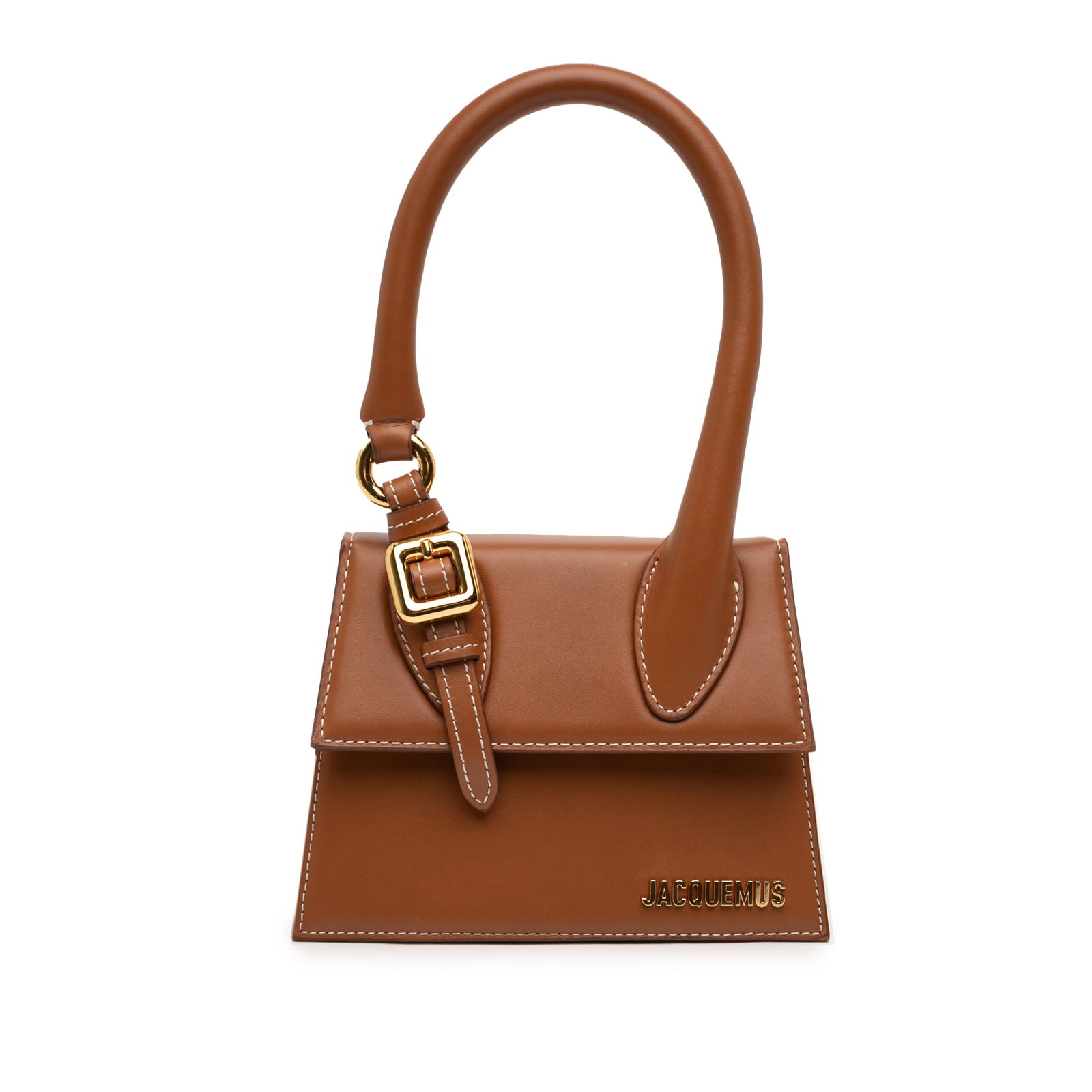 Jacquemus Le Chiquito Moyen Boucle Brown Leather Handbag with Rolled Handle: Jacquemus Le Chiquito Moyen Boucle Brown Leather Handbag with Rolled Handle The Jacquemus Le Chiquito Moyen Boucle is crafted from leather and features a rolled leather handle, a flap top with magneti