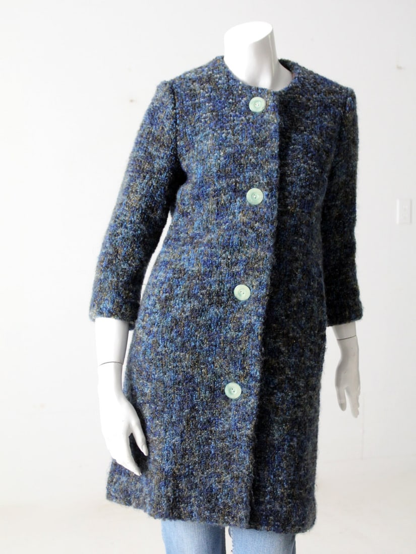 1960s Marbled Blue Collarless Tweed Coat with Cropped Sleeves and Hip Pockets (1 of 11)