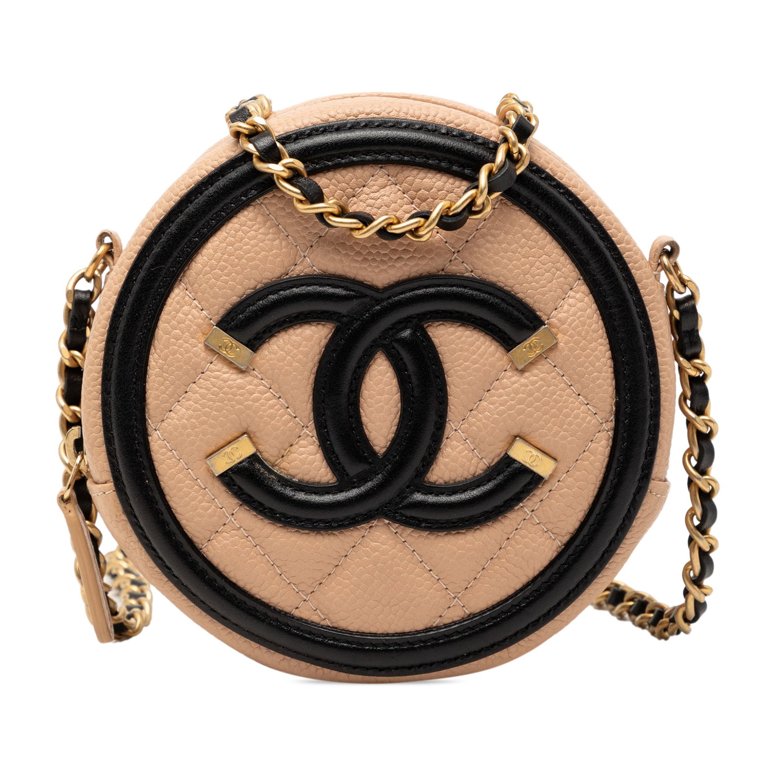 Chanel Caviar Leather CC Filigree Beige Round Crossbody Bag: Chanel Caviar Leather CC Filigree Beige Round Crossbody Bag This Chanel Caviar CC Filigree Round Crossbody features a quilted caviar leather exterior in beige, complemented by a woven chain strap and 