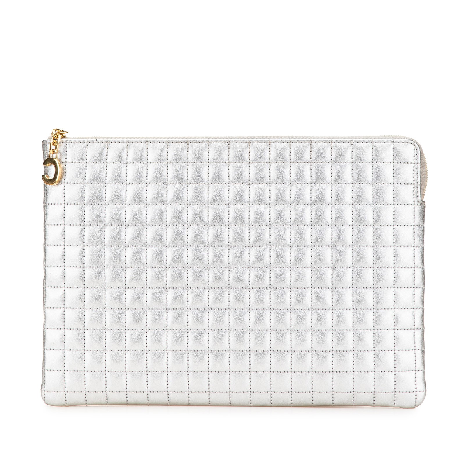 Celine Quilted Metallic Calfskin C Charm Pouch Silver Leather: Celine Quilted Metallic Calfskin C Charm Pouch Silver Leather The Celine Quilted Metallic Calfskin C Charm Pouch is an elegant clutch bag crafted from high-quality quilted leather. This stylish access