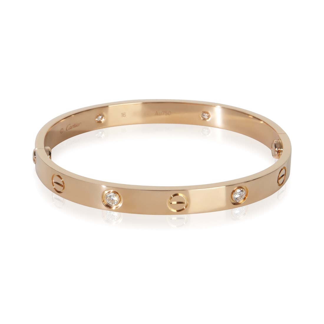 Cartier Love 18k Rose Gold Diamond Bracelet 16 cm: Cartier Love 18k Rose Gold Diamond Bracelet 16 cm This Cartier Love bracelet is crafted from 18k rose gold and features round brilliant white diamonds with a total carat weight of 0.42. Designed in th