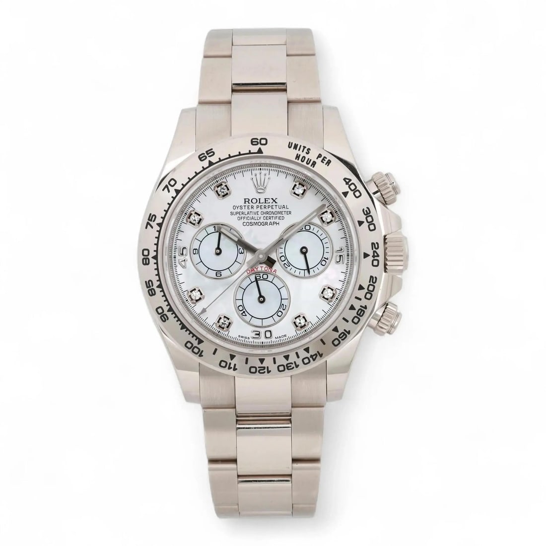 Rolex Daytona 116509 18K White Gold Diamond MOP Dial Luxury Watch: Rolex Daytona 116509 18K White Gold Diamond MOP Dial Luxury Watch Discover the exquisite Rolex Cosmograph Daytona, a luxurious wristwatch crafted in 18K white gold. This stunning timepiece features a 