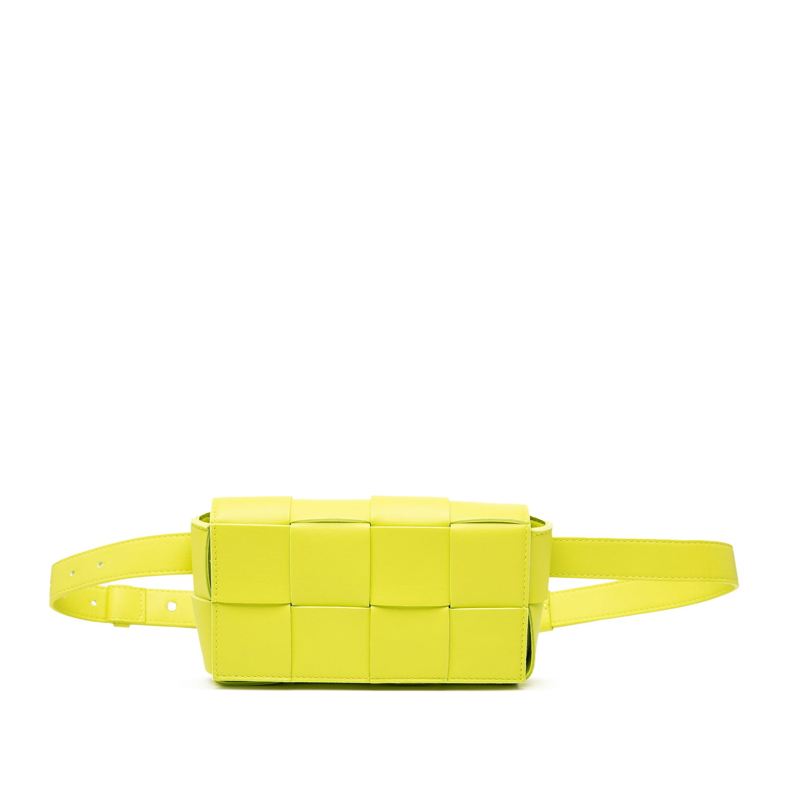 Bottega Veneta Mini Nappa Intrecciato Yellow Leather Belt Bag: Bottega Veneta Mini Nappa Intrecciato Yellow Leather Belt Bag Introducing the Bottega Veneta Mini Nappa Intrecciato Cassette Belt Bag, a stylish accessory crafted from woven nappa leather. This chic b