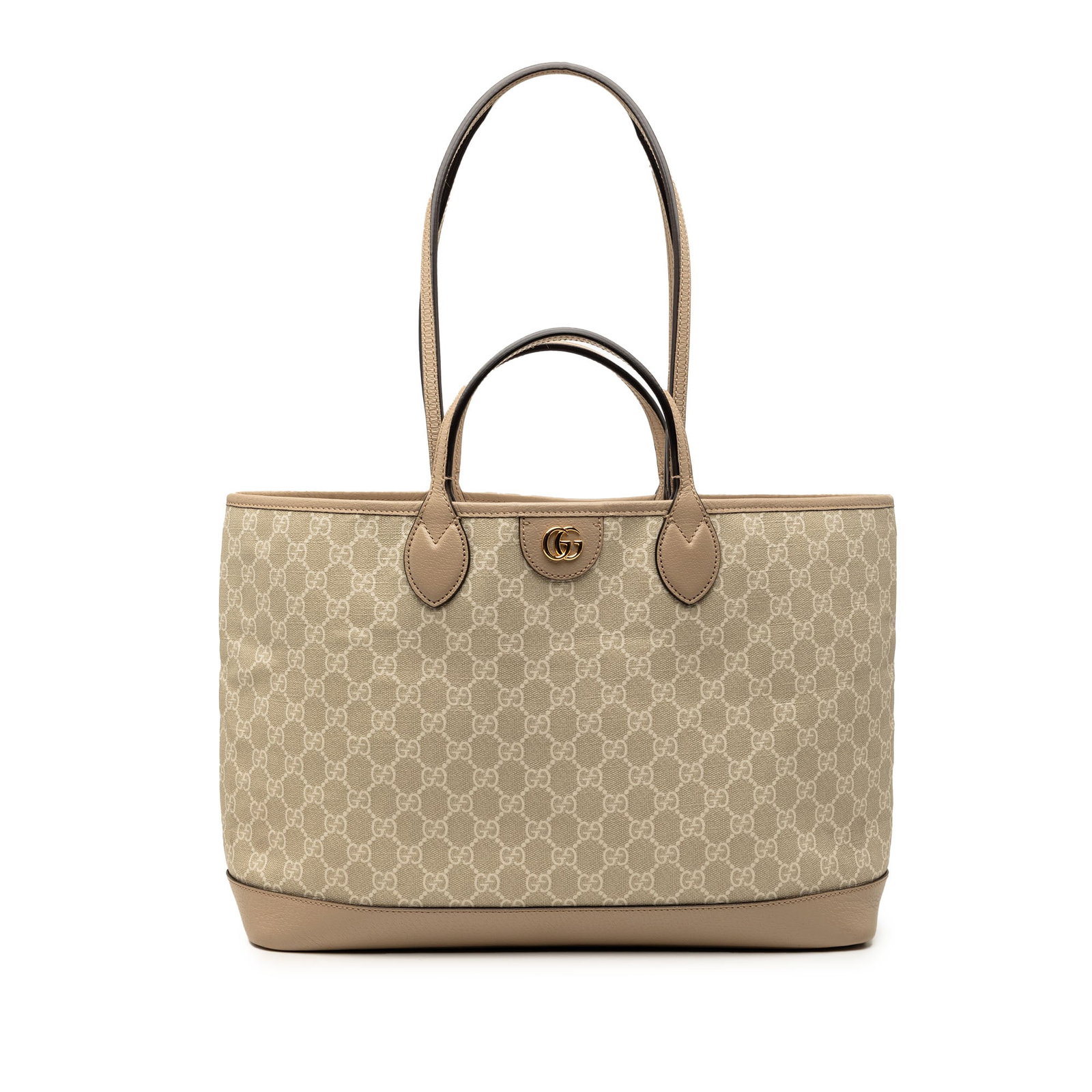 Gucci Ophidia Medium GG Supreme Tote Beige Coated Canvas: Gucci Ophidia Medium GG Supreme Tote Beige Coated Canvas This Gucci Medium GG Supreme Ophidia Tote features a coated canvas body in beige, complemented by flat leather handles and straps. The bag has 