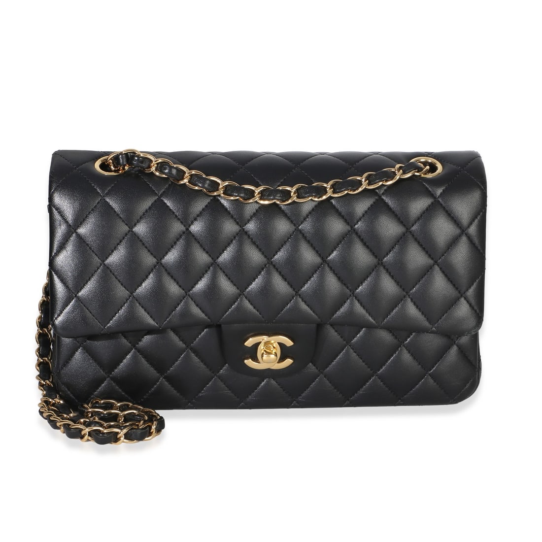 Chanel Medium Double Flap Black Quilted Lambskin Shoulder Bag: Chanel Medium Double Flap Black Quilted Lambskin Shoulder Bag This Chanel Medium Classic Double Flap Bag is crafted from black quilted lambskin leather and features gold-tone hardware. The bag include