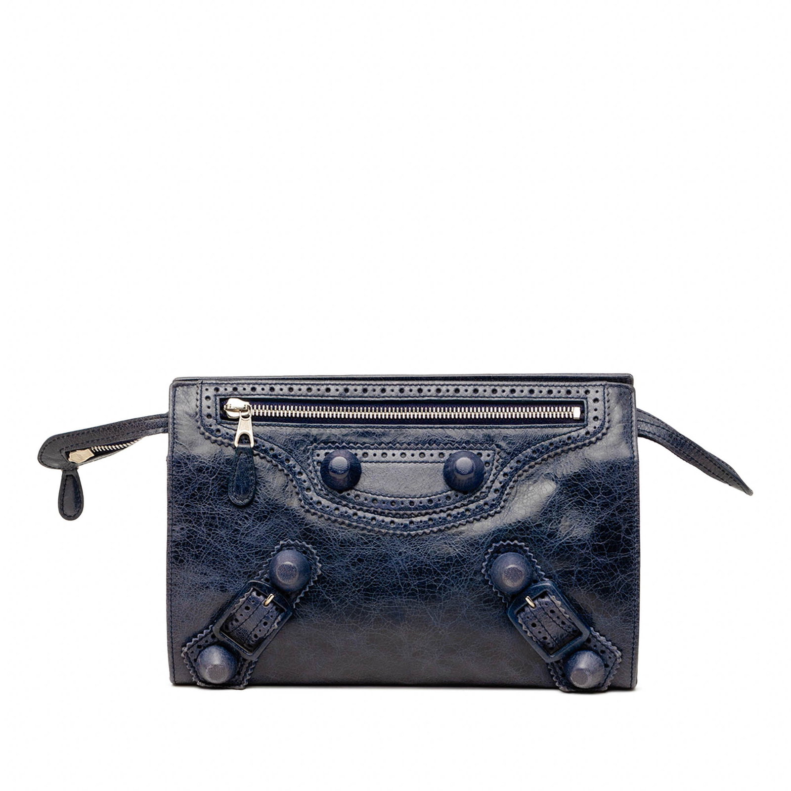 Balenciaga Giant 21 Brogues Leather Zip Clutch Pouch Blue: Balenciaga Giant 21 Brogues Leather Zip Clutch Pouch Blue Balenciaga Lambskin Motocross Giant 21 Brogues Clutch in blue leather, made in Italy. This pouch features a top zip closure, an exterior front