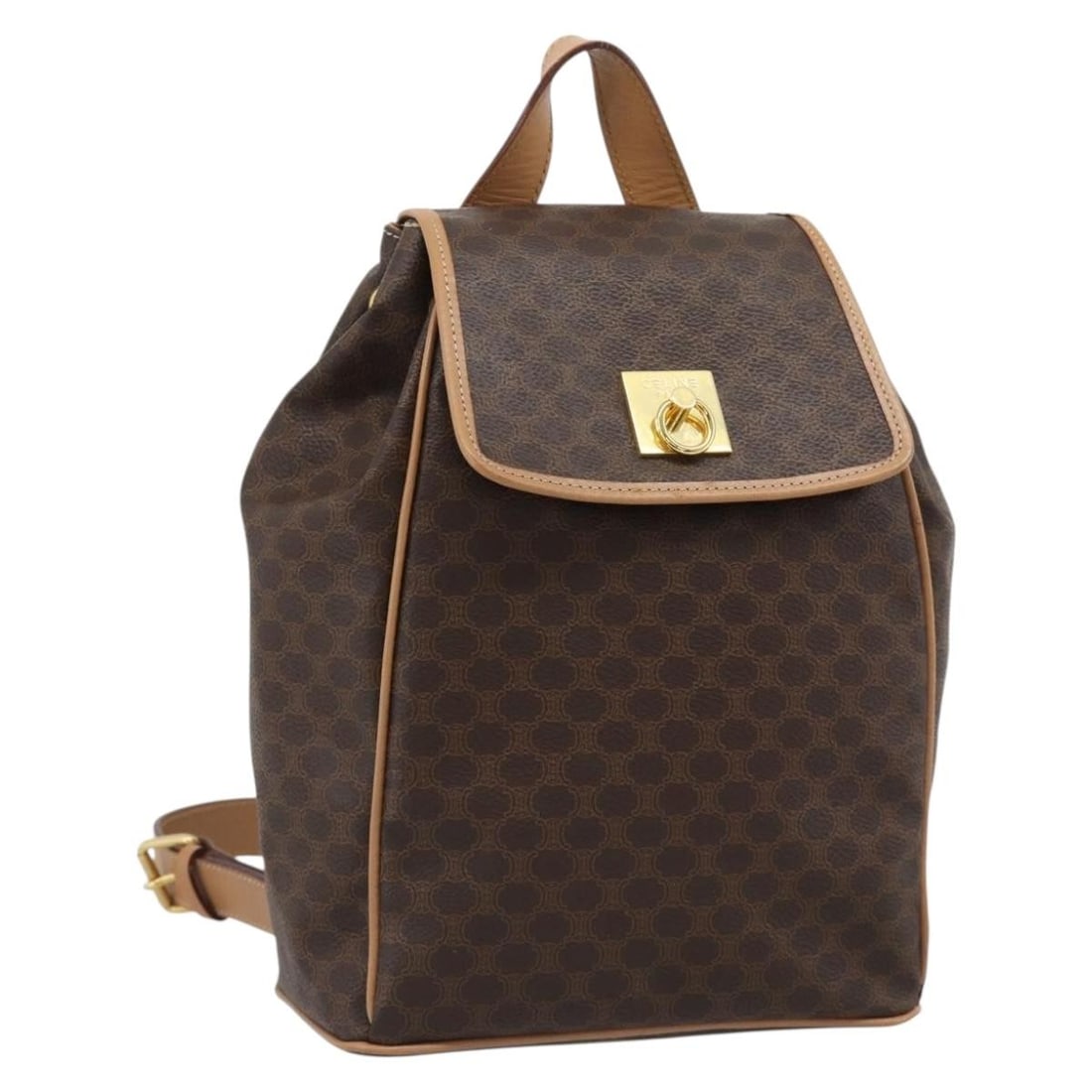 CELINE Macadam PVC Leather Backpack Brown Gold Tone Italy: CELINE Macadam PVC Leather Backpack Brown Gold Tone Italy CELINE Macadam backpack in brown PVC leather and Macadam canvas with gold tone exterior details. Made in Italy, this women's backpack measures
