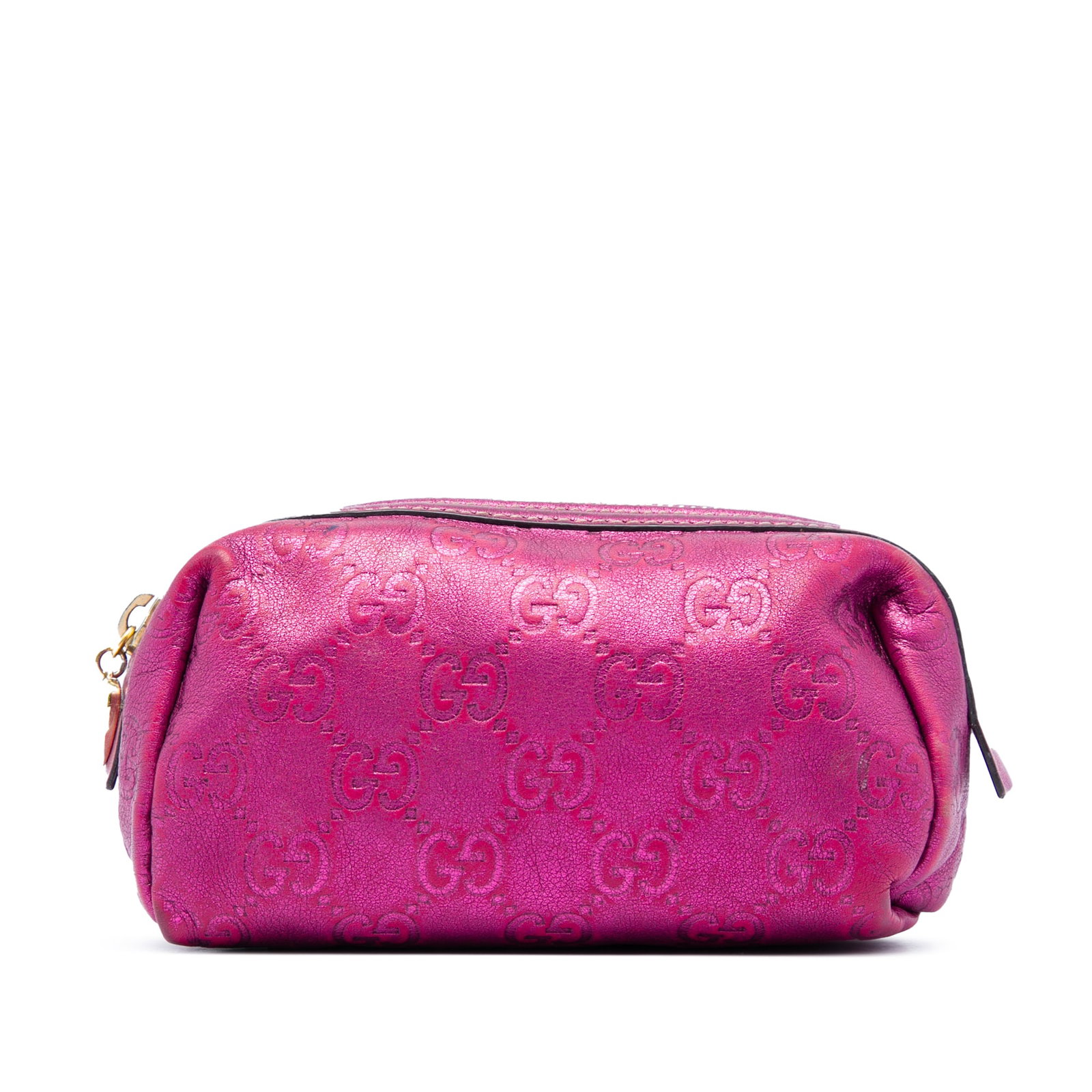 Gucci Metallic Guccissima Leather Zip Pouch Pink: Gucci Metallic Guccissima Leather Zip Pouch Pink A Gucci Metallic Guccissima Pouch made in Italy, designed in pink leather with an embossed leather body and top zip closure. This SLG measures 8 cm in 
