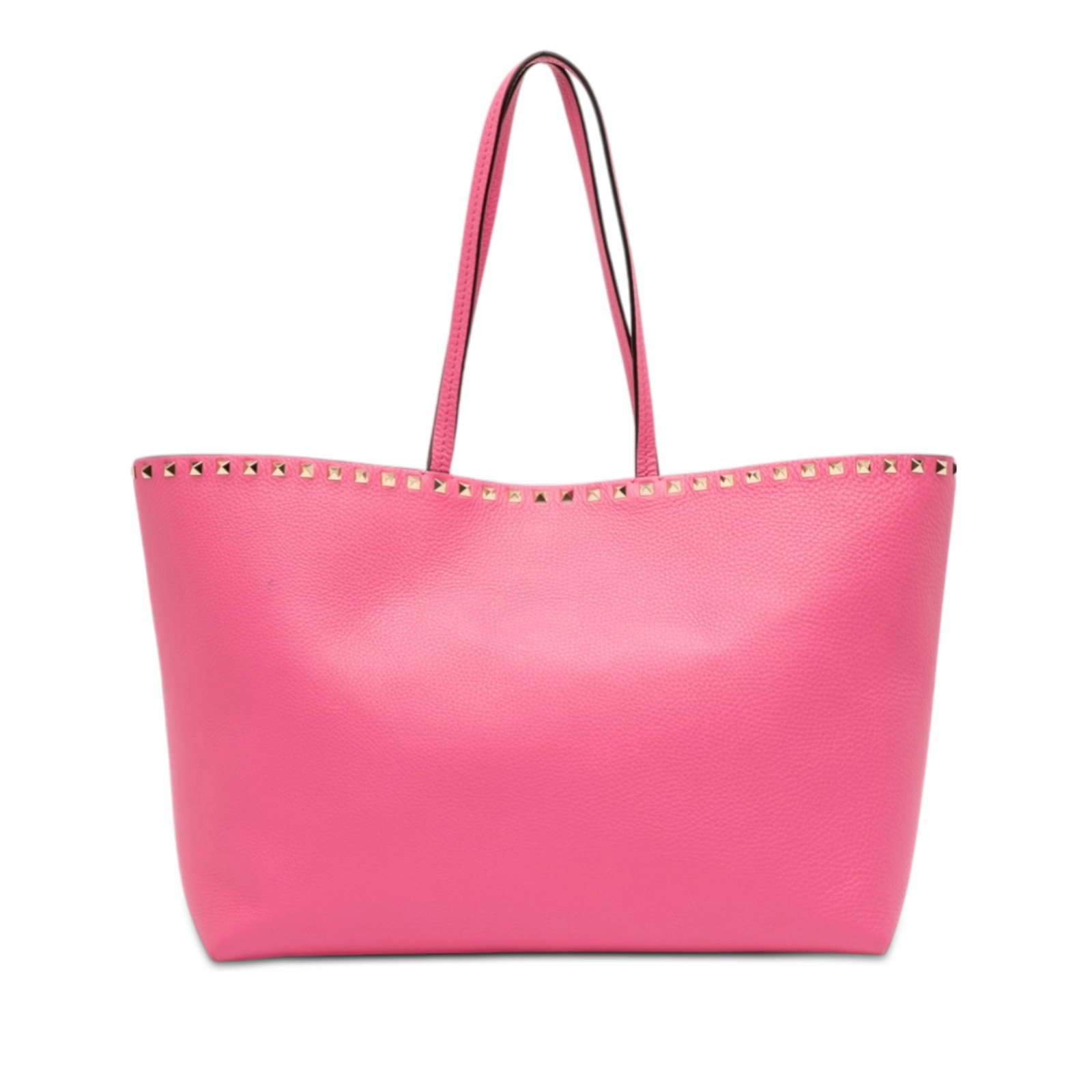 Pink Leather Rockstud Tote Bag by Valentino with Stud Accents: Pink Leather Rockstud Tote Bag by Valentino with Stud Accents This Valentino Leather Rockstud Tote features a pink leather body adorned with stud embellishments, flat leather handles, an open top with