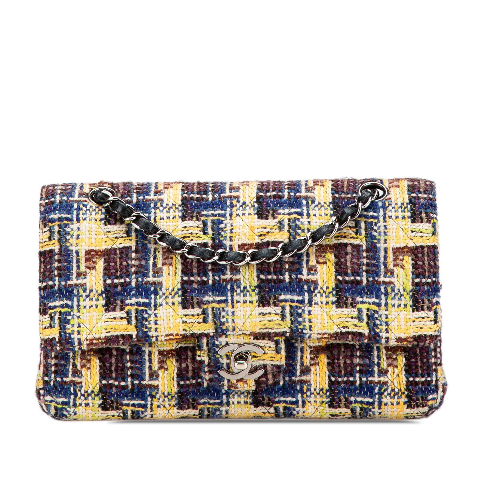 Chanel Medium Classic Double Flap Tweed Shoulder Bag Yellow: Chanel Medium Classic Double Flap Tweed Shoulder Bag Yellow A Chanel Medium Classic Tweed Double Flap bag in yellow fabric with a quilted tweed body. It features leather-woven chain straps, a front fl