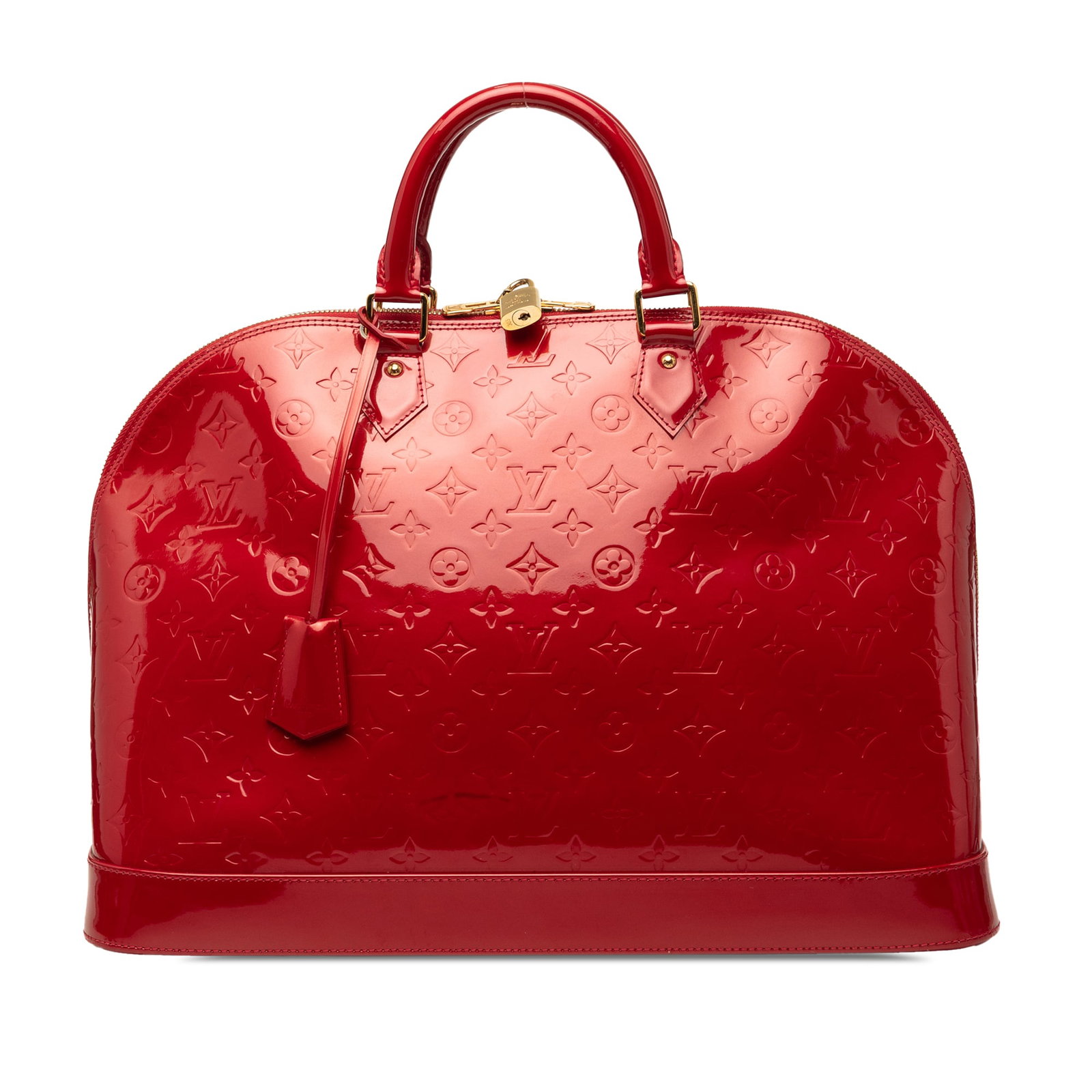 Louis Vuitton Alma GM Monogram Vernis Leather Handbag Red: Louis Vuitton Alma GM Monogram Vernis Leather Handbag Red Louis Vuitton Monogram Vernis Alma GM handbag in red, made in France. It features a monogram vernis leather body, rolled leather handles, a to