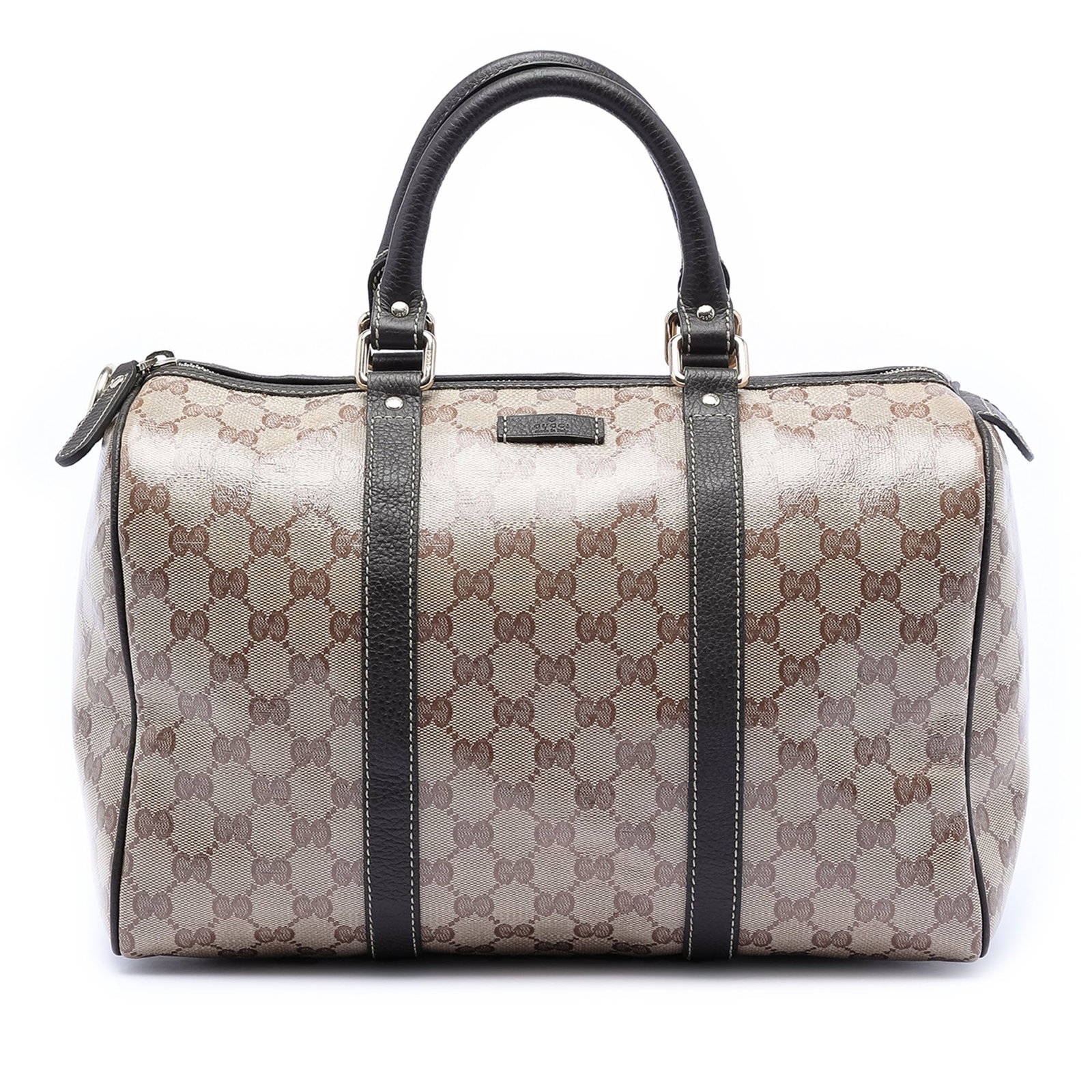 Gucci Joy Boston Medium GG Crystal Beige Coated Canvas Handbag: Gucci Joy Boston Medium GG Crystal Beige Coated Canvas Handbag This Gucci Medium GG Crystal Joy Boston Bag features a coated canvas body with leather trim, rolled leather handles, a top zip closure, a