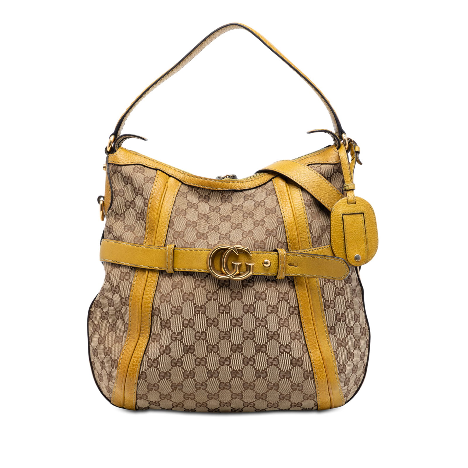 Medium Beige GG Canvas Satchel with Leather Trim by Gucci: Medium Beige GG Canvas Satchel with Leather Trim by Gucci This Gucci Medium GG Canvas Running Satchel features a beige canvas body with leather trim, a flat leather handle, a detachable flat leather s