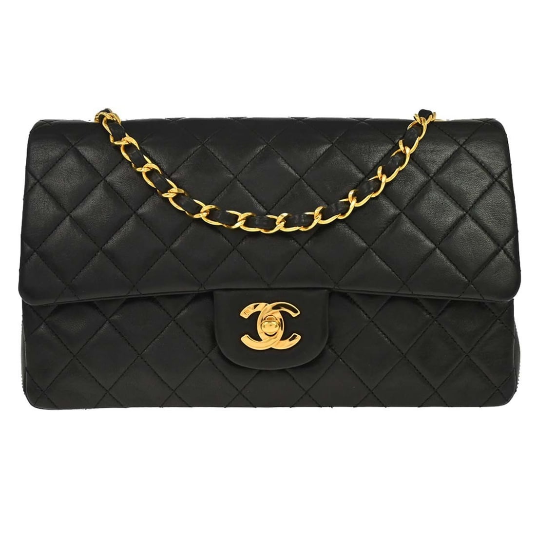 CHANEL Classic Double Flap Medium Shoulder Bag Black Lambskin: CHANEL Classic Double Flap Medium Shoulder Bag Black Lambskin This Chanel Medium Classic Double Flap Shoulder Bag is crafted in black lambskin leather and made in France. It features a turn lock closu