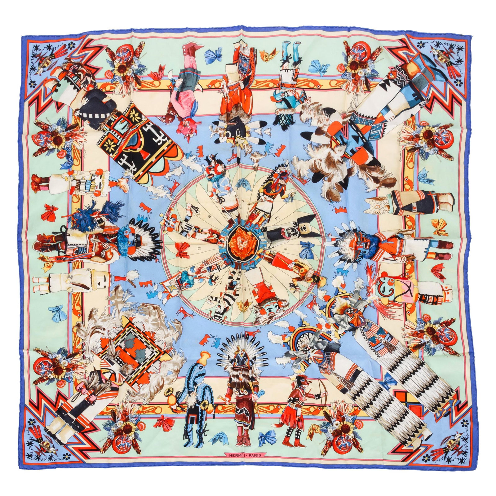 Hermes Kachinas teal silk scarf with box Kermit Oliver: Hermes Kachinas teal silk scarf with box Kermit Oliver This Hermes Kachinas scarf, designed by Kermit Oliver, features a striking teal colorway and is crafted from luxurious silk. The scarf showcases 