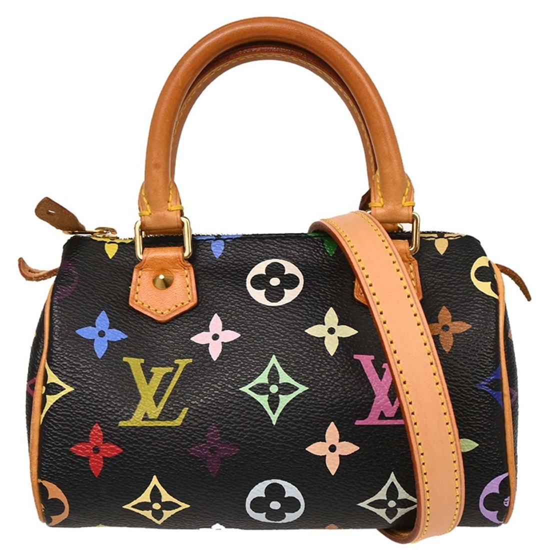 Louis Vuitton Mini Speedy Black Monogram Multicolor 2way Bag M92644: Louis Vuitton Mini Speedy Black Monogram Multicolor 2way Bag M92644 Louis Vuitton Mini Speedy 2-way handbag in black Monogram Multicolor canvas with leather trim. This women's mini handbag features do