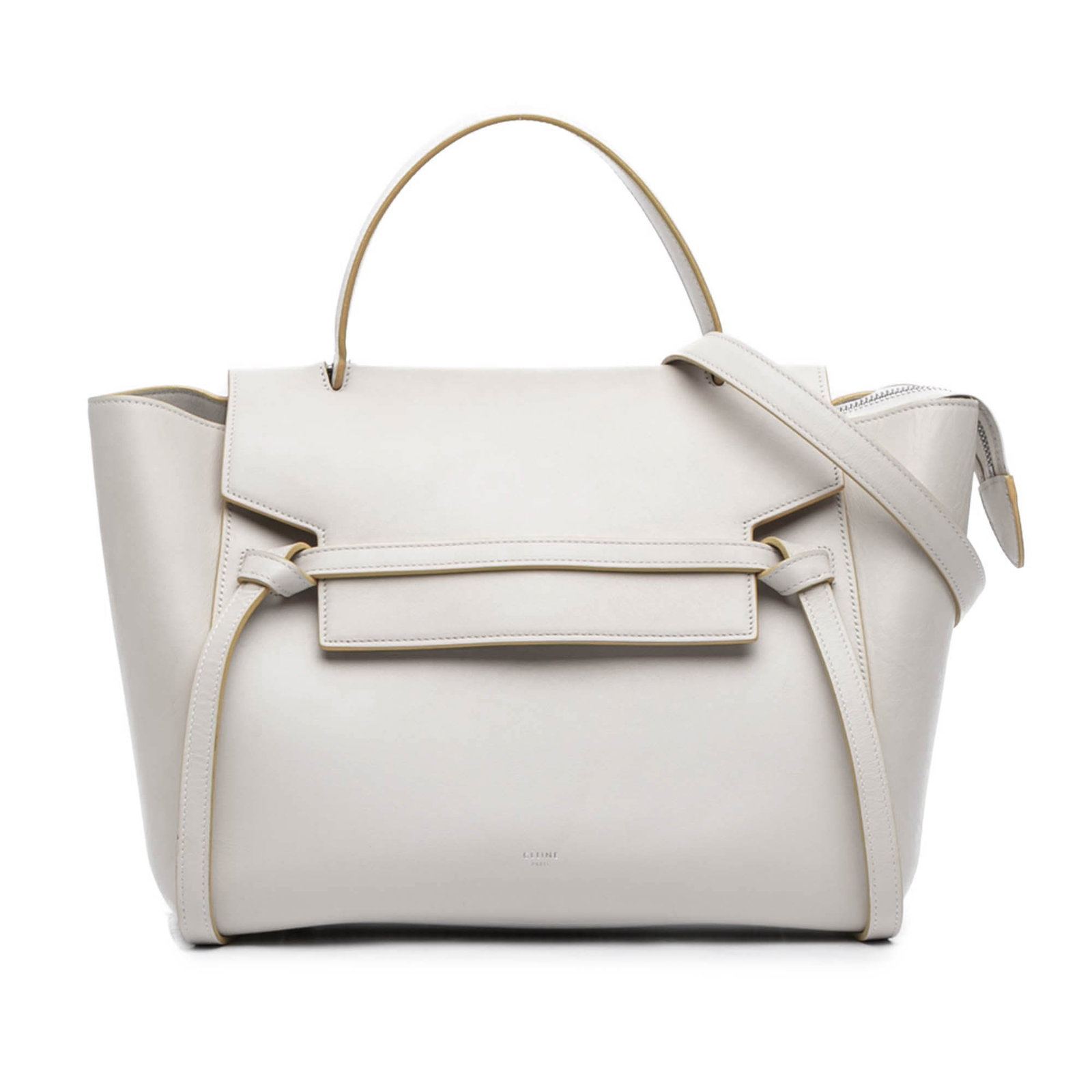 Celine Mini Belt Bag in White Smooth Calfskin Leather: Celine Mini Belt Bag in White Smooth Calfskin Leather Celine Mini Smooth Calfskin Belt Bag in white leather with a structured silhouette and practical storage. This bag features a flat top handle, a d