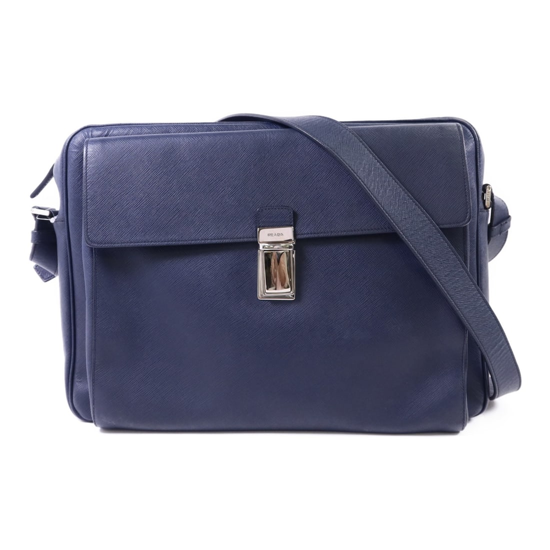 PRADA VA1022 Saffiano Calfskin Shoulder Bag Navy Italy: PRADA VA1022 Saffiano Calfskin Shoulder Bag Navy Italy Prada shoulder messenger bag in navy calfskin (cowhide) with Saffiano leather noted in the title. It features a flap-type exterior pocket, an ins