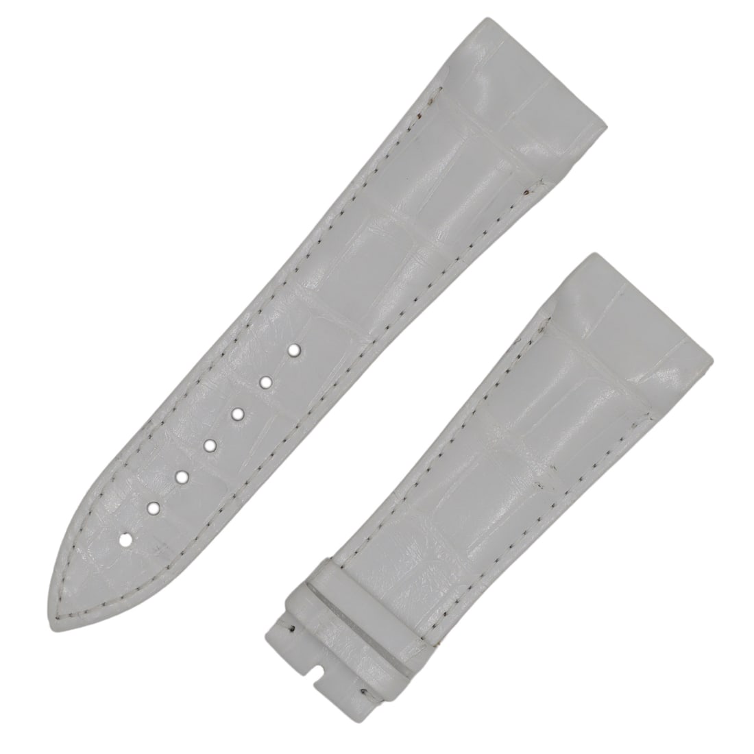 White Alligator Leather Wristwatch Band for Franck Muller 27mm Lug 22mm Buckle: White Alligator Leather Wristwatch Band for Franck Muller 27mm Lug 22mm Buckle This is a Franck Muller men's wristwatch band crafted from white alligator leather. The band features a width of 27mm at 