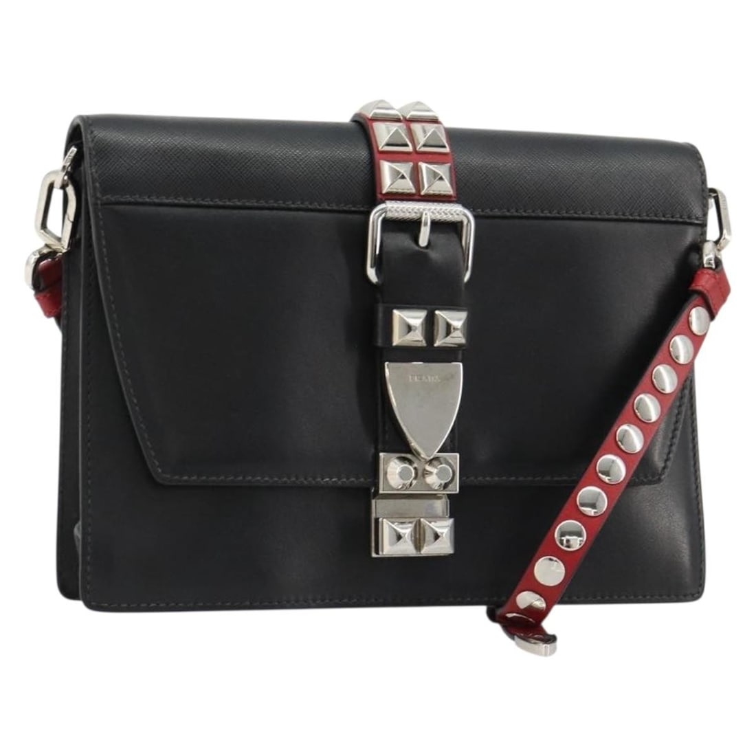 Leather shoulder bag Prada Electra Studs black silver with dust bag (1 of 18)