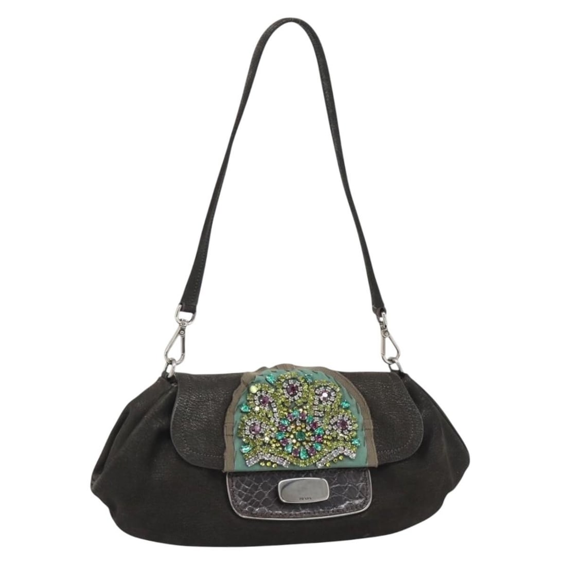 PRADA Leather Shoulder Bag Dark Brown Silver Tone with Dust Bag Card (1 of 18)