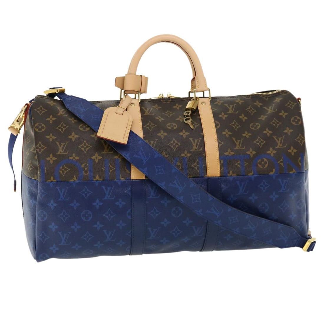 Louis Vuitton M43861 Keepall Bandouliere 50 Monogram Split Boston Bag: Louis Vuitton M43861 Keepall Bandouliere 50 Monogram Split Boston Bag Louis Vuitton Monogram Split Keepall Bandouliere 50 Boston Bag in Pacific blue Monogram Canvas. It comes with a padlock, two keys,