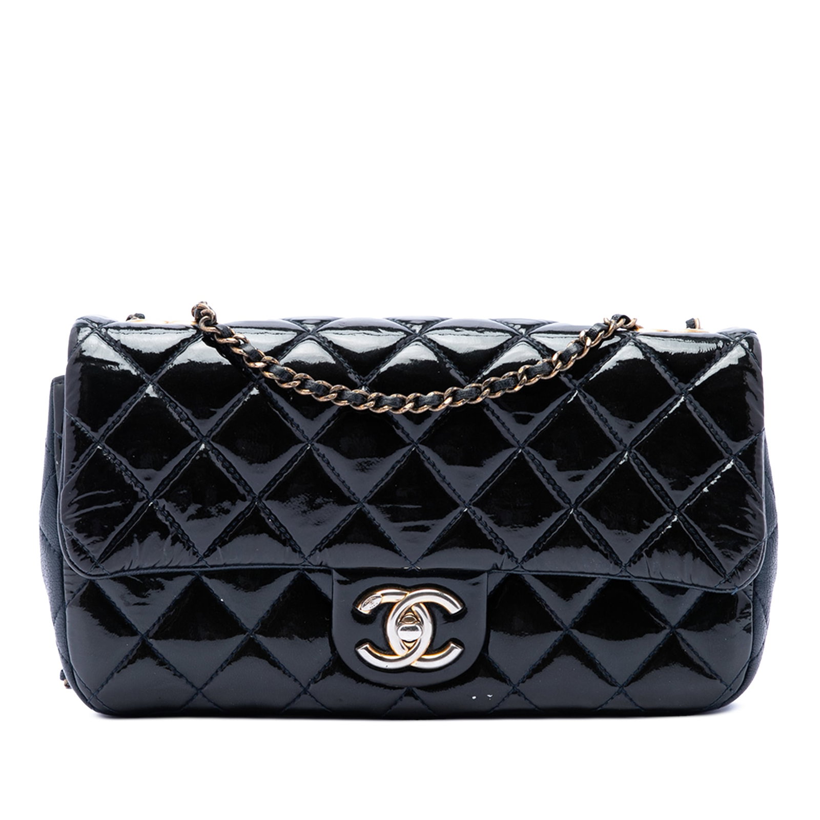 Chanel Paris Salzburg Medium CC Eyelet Flap Crossbody Blue Leather: Chanel Paris Salzburg Medium CC Eyelet Flap Crossbody Blue Leather This Chanel crossbody bag features a quilted body in patent leather and goatskin leather, a leather-woven curb chain strap with a lea