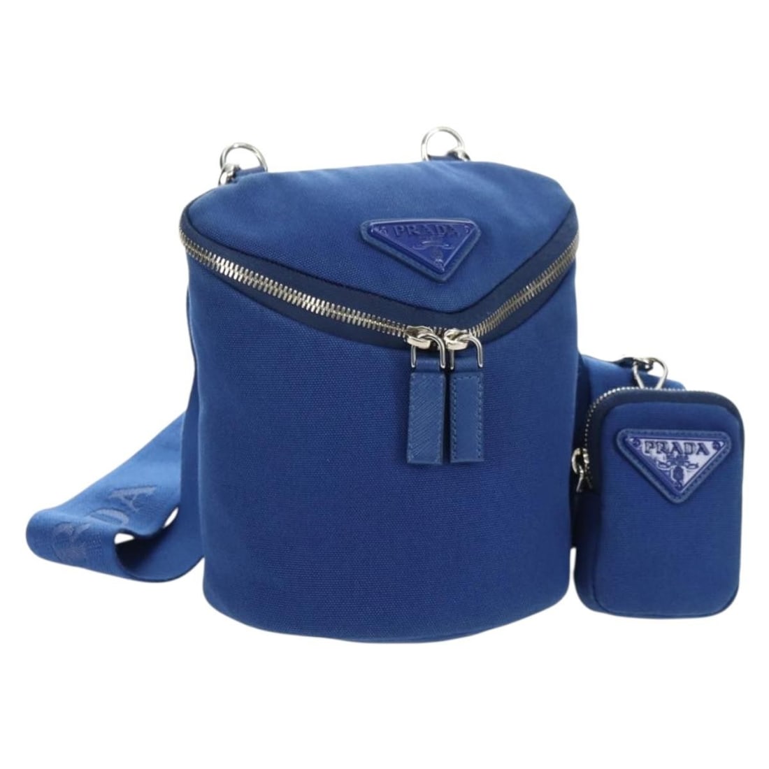 Canvas PRADA shoulder bag in blue with silver tone hardware: Canvas PRADA shoulder bag in blue with silver tone hardware This Prada shoulder bag is crafted from blue canvas with silver-tone details. It features a shoulder bag style and was made in Italy. The it