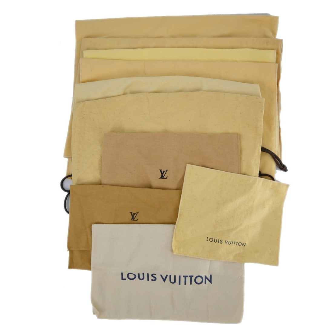 Set of 10 Louis Vuitton cotton dust bags in brown beige: Set of 10 Louis Vuitton cotton dust bags in brown beige Set of 10 Louis Vuitton dust bags in brown and beige cotton. These unisex dustbags show overall signs of use with reasonable wear and tear. Size
