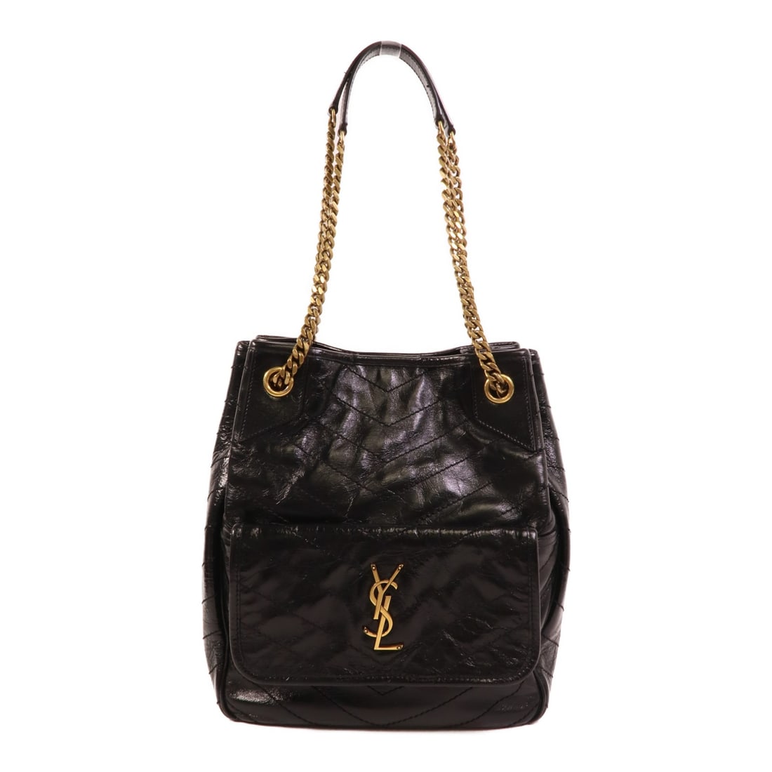 Saint Laurent Niki Small Shoulder Bag Black Calfskin Leather: Saint Laurent Niki Small Shoulder Bag Black Calfskin Leather Saint Laurent Niki Small Shoulder Bag in black calfskin leather with gold-tone hardware. The bag features one exterior magnetic pocket and 
