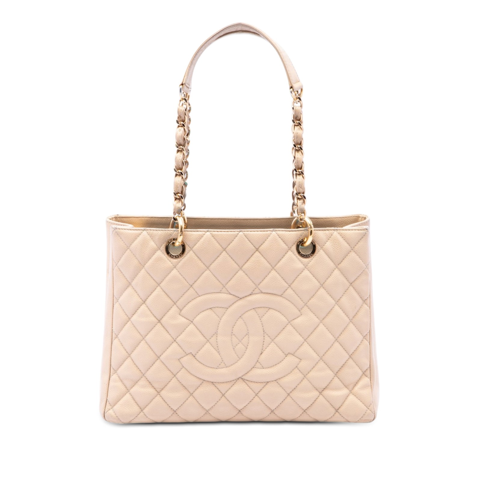 Chanel Grand Shopping Tote Brown Caviar Leather Shoulder Bag: Chanel Grand Shopping Tote Brown Caviar Leather Shoulder Bag The Chanel Caviar Grand Shopping Tote is crafted in quilted caviar leather with leather-woven chain shoulder straps and leather guards. It 