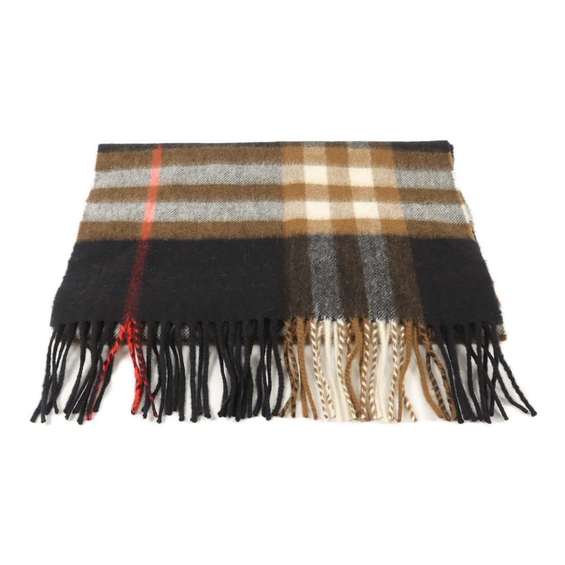 BURBERRY 80164081 Cashmere Scarf in Black and Brown: BURBERRY 80164081 Cashmere Scarf in Black and Brown A BURBERRY scarf in black and brown cashmere, identified by model number 80164081. It measures 168 cm x 30 cm (66.1 x 11.8 in) and is listed in pris