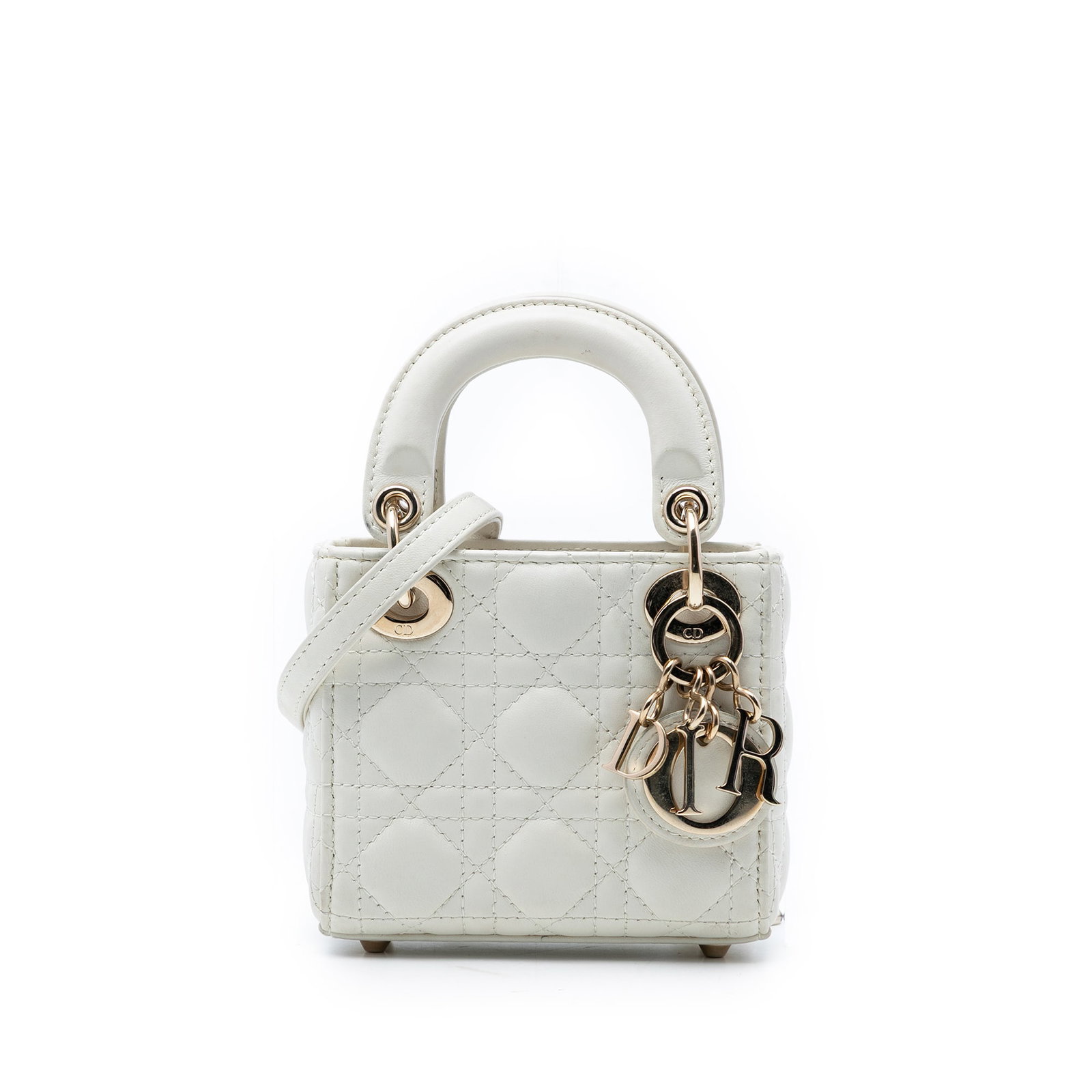 Dior Micro Cannage Lady Dior Lambskin White Bag: Dior Micro Cannage Lady Dior Lambskin White Bag This Micro Lady Dior bag features a quilted lambskin leather body in white, complemented by flat leather top handles and a detachable flat leather shoul