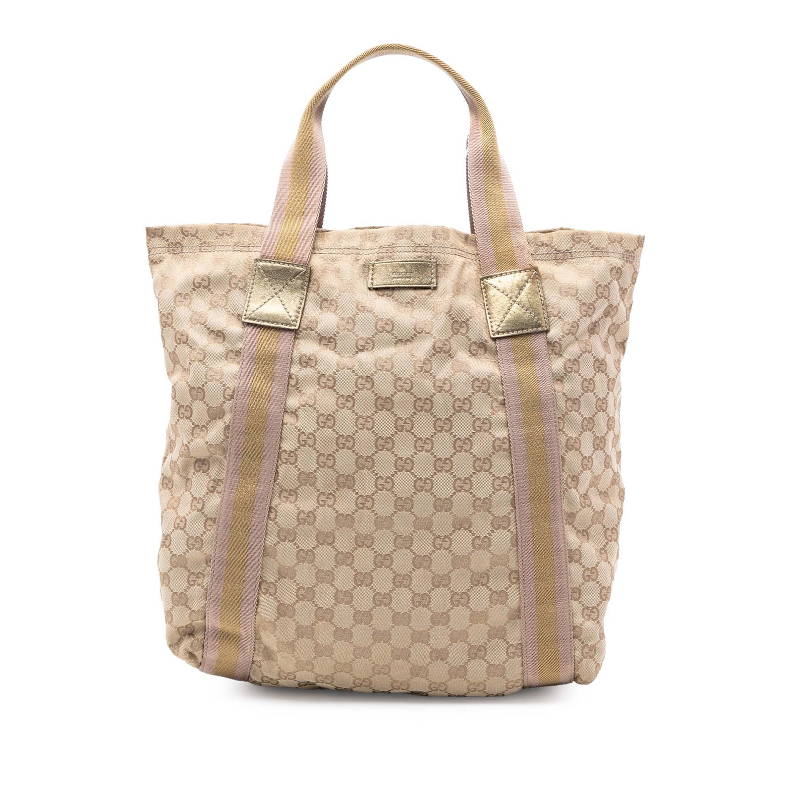 Gucci GG Canvas Beige Tote Bag with Web Detail: Gucci GG Canvas Beige Tote Bag with Web Detail This Gucci GG Canvas Web Tote features a beige canvas body, flat straps, an open top, and interior slip pockets. The bag shows signs of wear, with stains