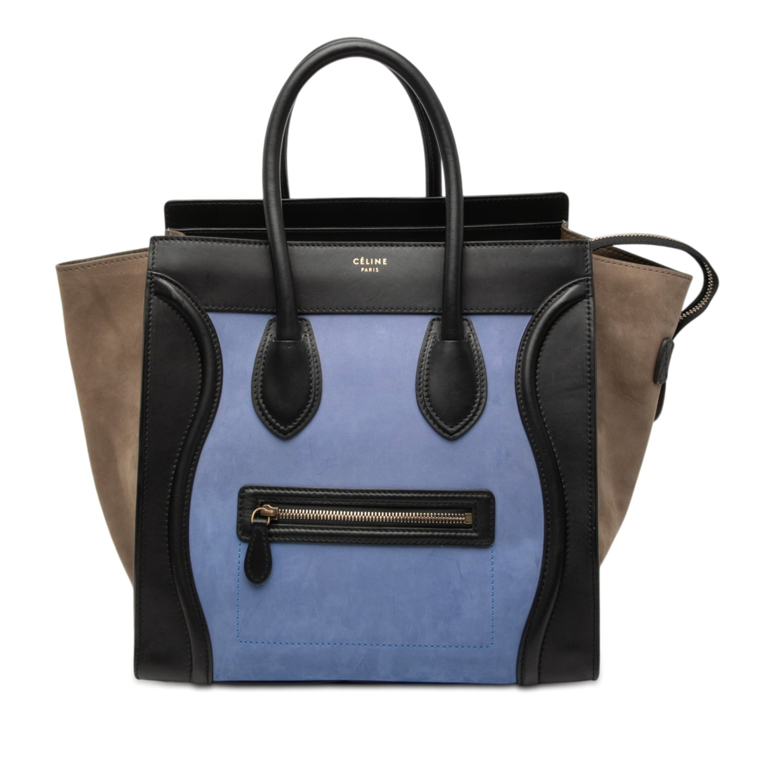 Celine Mini Luggage Tote Tricolor Nubuck and Calfskin Leather Handbag: Celine Mini Luggage Tote Tricolor Nubuck and Calfskin Leather Handbag This Celine Mini Tricolor Luggage Tote features a nubuck leather body with smooth calfskin trim and suede side panels. The bag is 