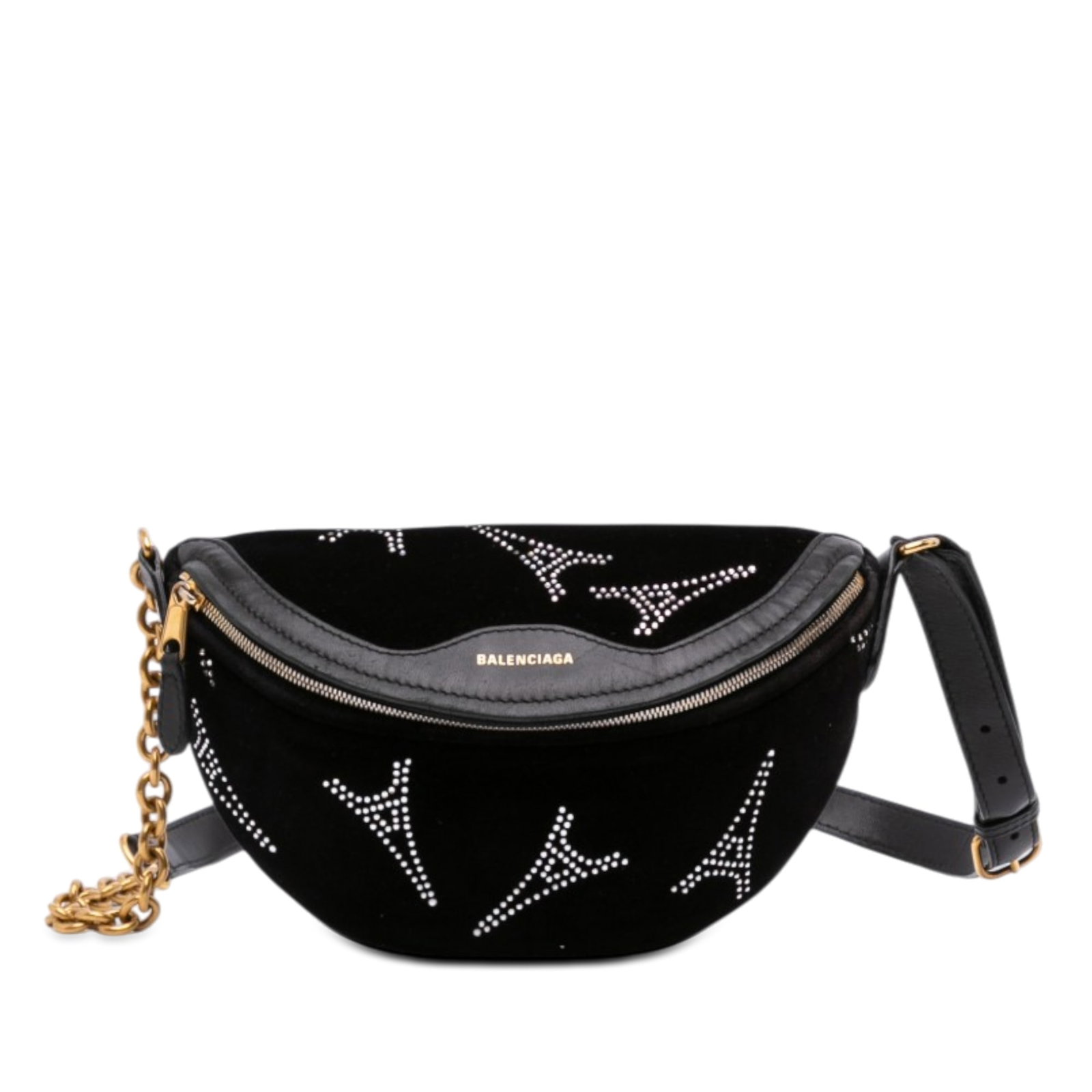 Balenciaga Souvenir XXS velvet belt bag with crystal embellishment: Balenciaga Souvenir XXS velvet belt bag with crystal embellishment A Balenciaga Souvenir Belt Bag XXS in black, crafted with a crystal-embellished velvet body and leather trim. It features a chain-lin