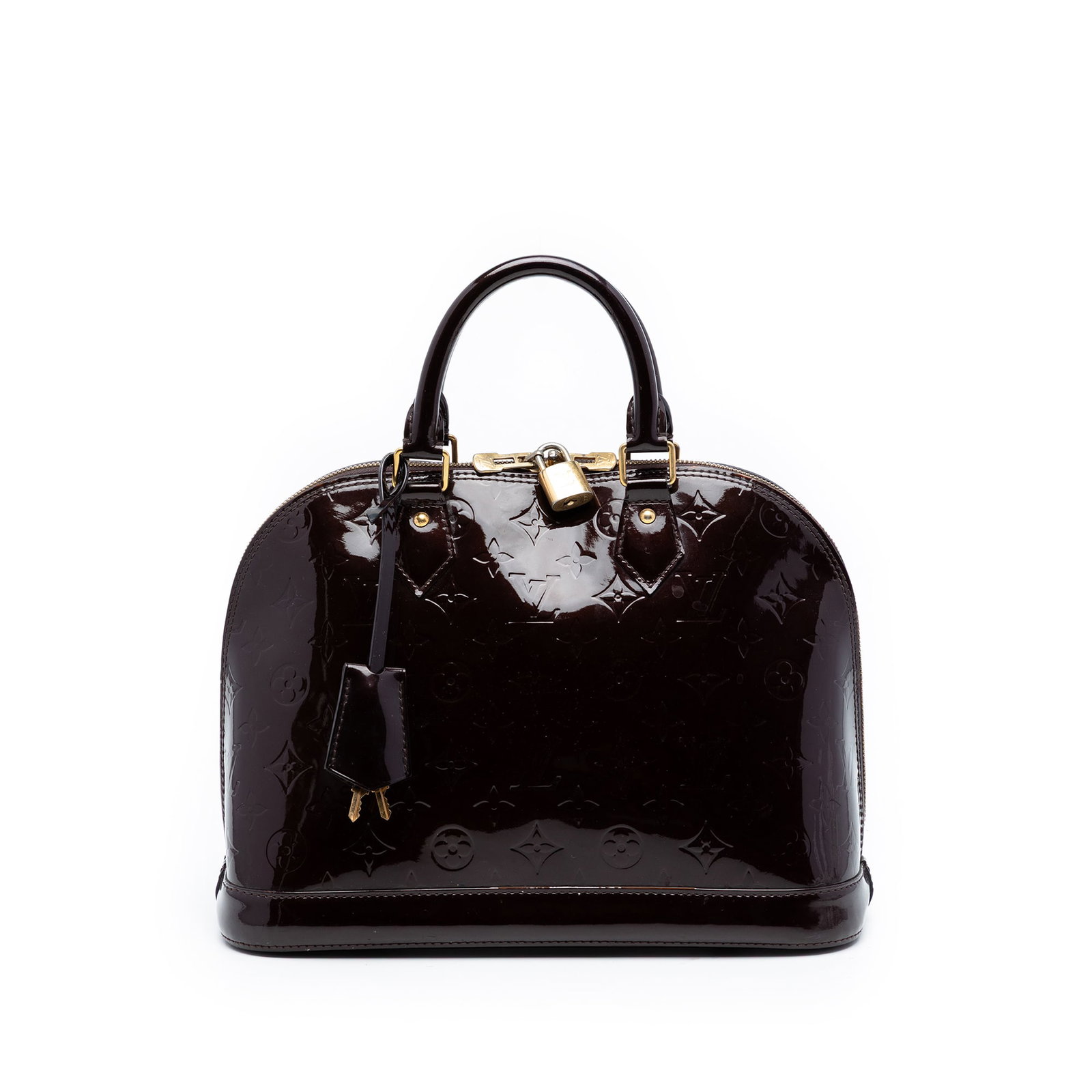 Louis Vuitton Alma PM Monogram Vernis Purple Leather Bag: Louis Vuitton Alma PM Monogram Vernis Purple Leather Bag This Louis Vuitton Monogram Vernis Alma PM handbag features a monogram vernis leather exterior in purple, rolled leather handles, a top zip clo