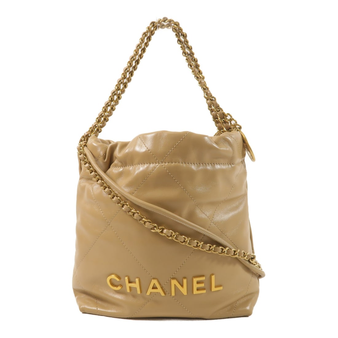 CHANEL Mini 22 AS3980 Beige Calfskin Chain Shoulder Bag: CHANEL Mini 22 AS3980 Beige Calfskin Chain Shoulder Bag A CHANEL CC GHW Mini 22 Chain Shoulder Bag in beige calfskin leather, model AS3980. It features a chain shoulder strap, an inside open pocket, a