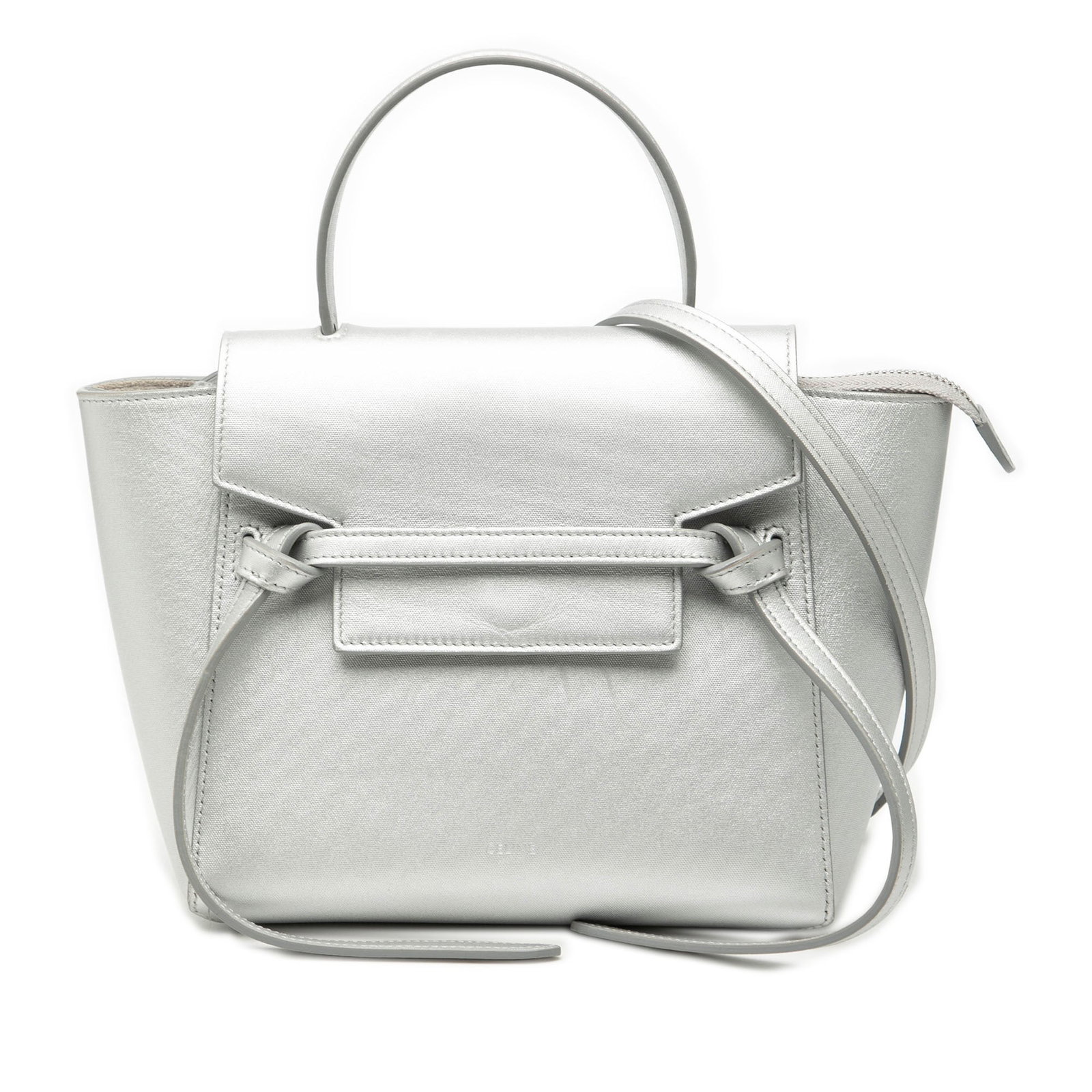 Celine Nano Belt Bag Silver Laminated Calfskin Leather Satchel: Celine Nano Belt Bag Silver Laminated Calfskin Leather Satchel This Celine Nano Laminated Calfskin Belt Bag features a leather body in a striking silver color, a flat leather top handle, a detachable 