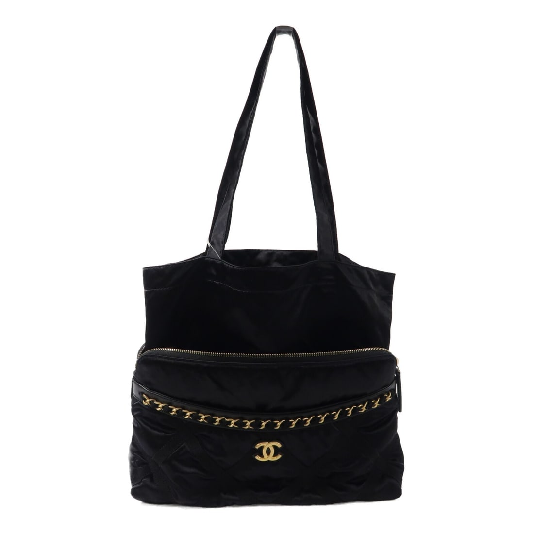 CHANEL CC Satin Grosgrain Tote Bag Black GHW: CHANEL CC Satin Grosgrain Tote Bag Black GHW Black satin tote bag with grosgrain detailing and gold-tone CC hardware. It features double open exterior pockets, one interior zip pocket, and a handle dr