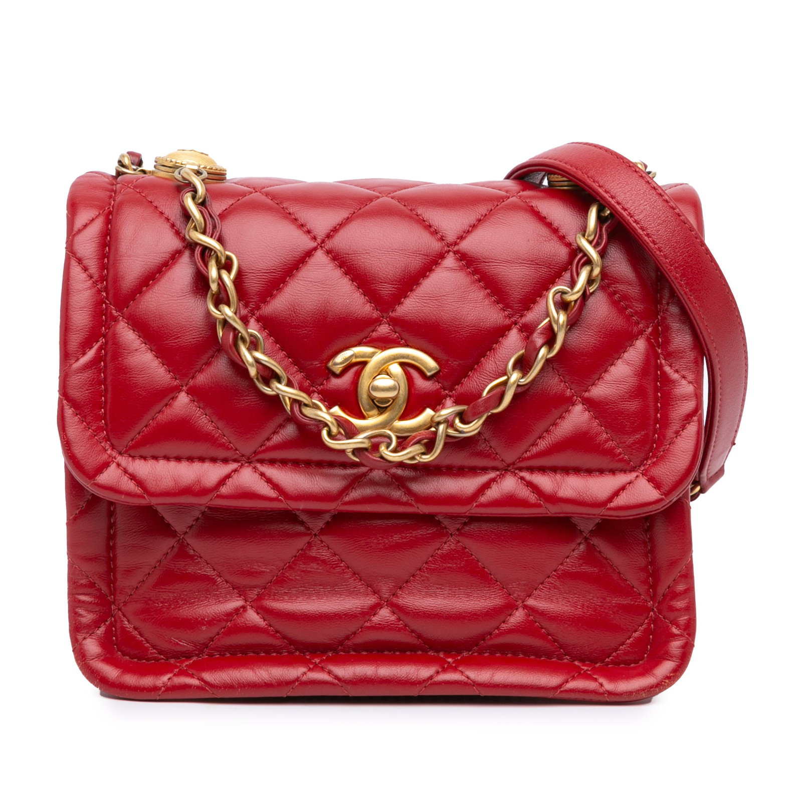 Chanel Mini Quilted Lambskin Soft Square Flap Red Satchel: Chanel Mini Quilted Lambskin Soft Square Flap Red Satchel Introducing the Chanel Mini Quilted Lambskin Soft Square Flap, a stylish and compact satchel crafted from luxurious lambskin leather. This exq