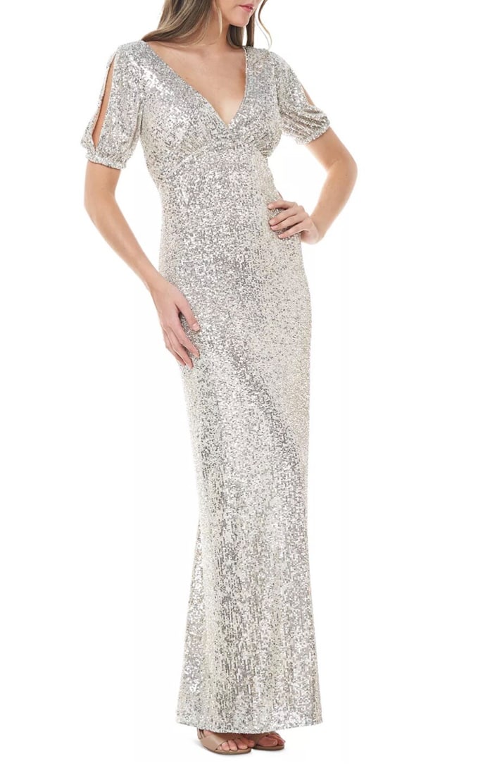 JS Collections Silver Sequin Split Sleeve Ball Gown Size 4: JS Collections Silver Sequin Split Sleeve Ball Gown Size 4 Make a stunning entrance in this Silver Embellished Split Sleeve Gown from JS Collections. Designed to catch the light beautifully, this floo