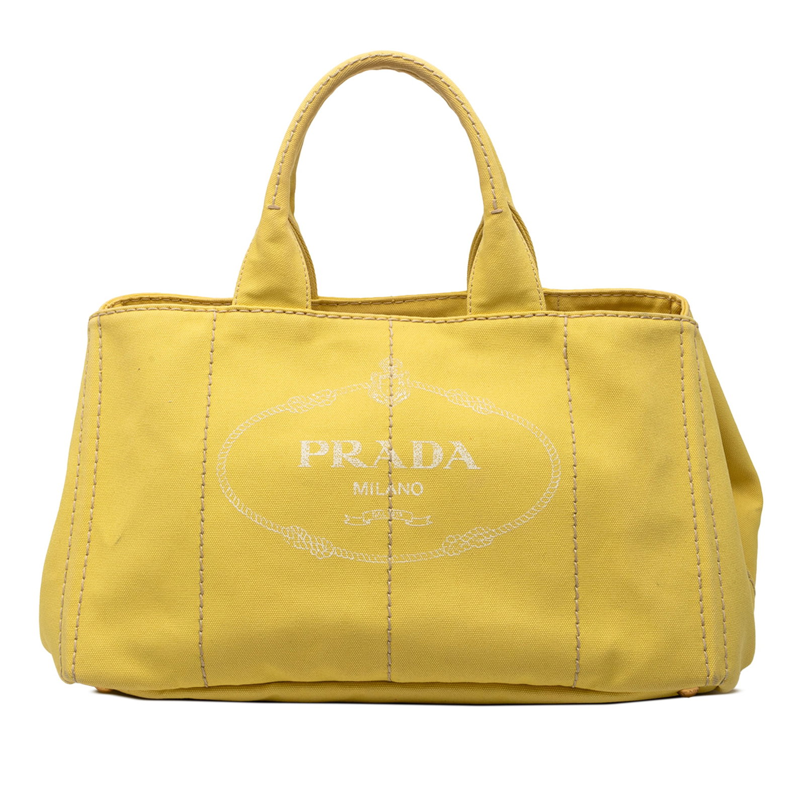 Prada Canapa Yellow Canvas Satchel with Logo Detailing: Prada Canapa Yellow Canvas Satchel with Logo Detailing This Prada Large Canvas Canapa Logo Satchel features a durable yellow canvas body with rolled handles and an open top design. The interior is equ
