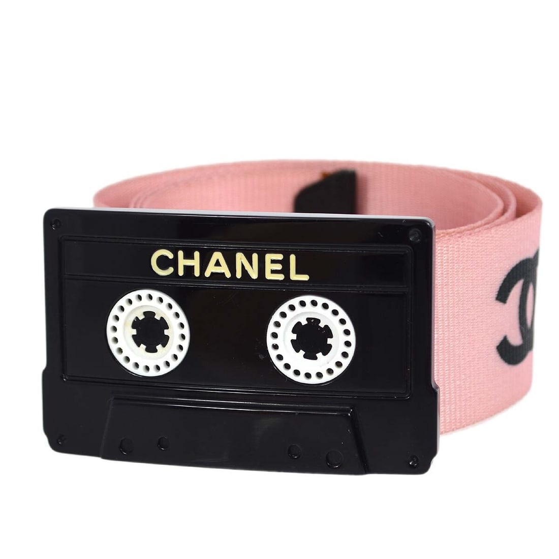 Chanel Pink Black Nylon Waist Belt Cassette Tape Motif 75 30: Chanel Pink Black Nylon Waist Belt Cassette Tape Motif 75 30 A Chanel waist belt with a cassette tape design in pink and black. It is adjustable, made of nylon, and marked as one size. The belt is fro