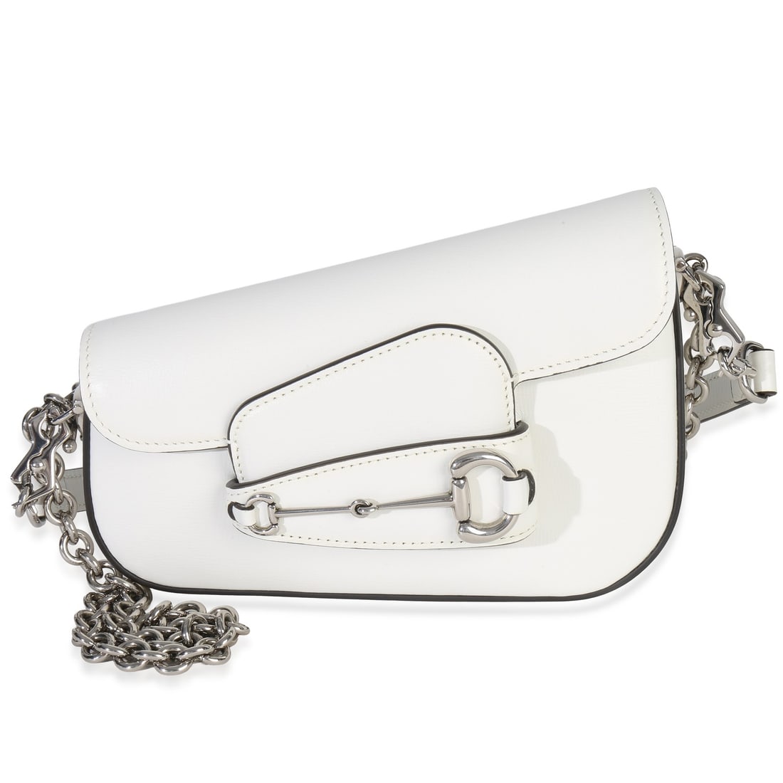 Gucci Mini Asymmetric Horsebit 1955 White Calfskin Shoulder Bag: Gucci Mini Asymmetric Horsebit 1955 White Calfskin Shoulder Bag This Gucci Mini Asymmetric Horsebit 1955 Shoulder Bag is crafted from white calfskin leather and features a distinctive asymmetric silho