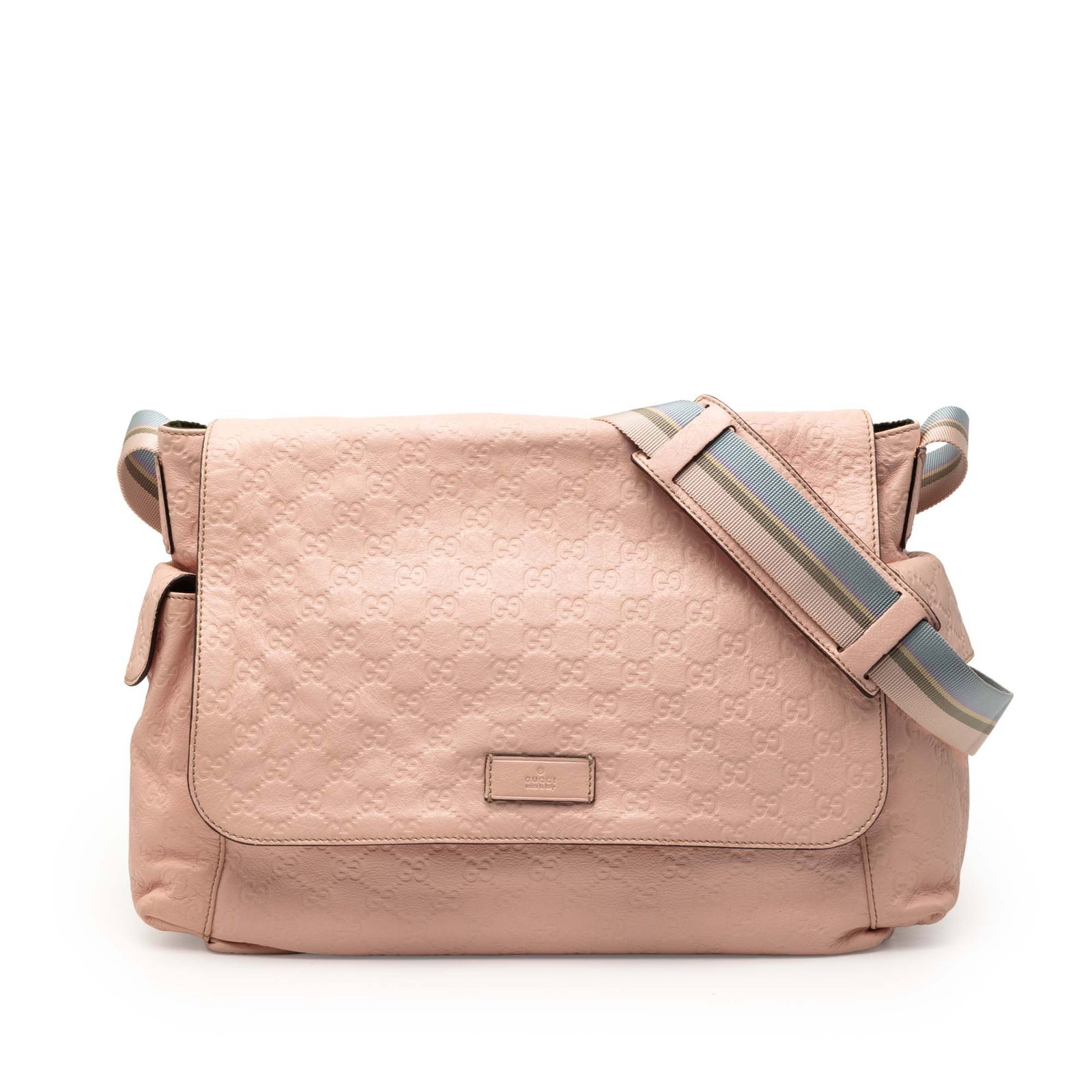 Gucci Guccissima Pink Embossed Leather Web Flap Diaper Bag: Gucci Guccissima Pink Embossed Leather Web Flap Diaper Bag This Gucci Guccissima Web Flap Diaper Bag is crafted in embossed pink leather and features an adjustable flat canvas strap, a magnetic snap f